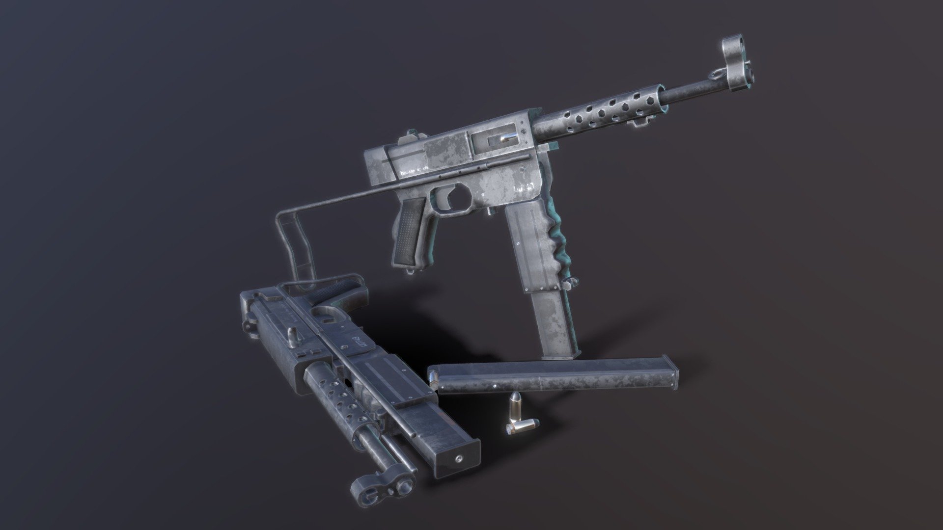 The MAT 49 (Manufactures d’armes de Tulle) is a french submachine gun used in the French Army form 1950 to1980. 
An exotic weapon not really known but quite original and intersesting in its way of folding.
- 3D Model close to the original but partially reinterpreted
- Proportions are partially respected compared to the original weapon
- Optimised for Game engine (Tested on Unity 3D)
- Some parts are separated from the main model for a better  3D animation usecase.

Made with Cinema4D
Textured with ArmorPaint

//////////////// Model informations ////////////////




Points : 7385

Polygons : 7268

Objects: 23

One material made of 4 Textures (20482048 px) for all the model  (Albedo (base), Normal, Metal, Rough*)
 - MAT 49 : French Submachine-gun - 3D model by Gwenaël Hervé (@Gwenael_Herve) 3d model