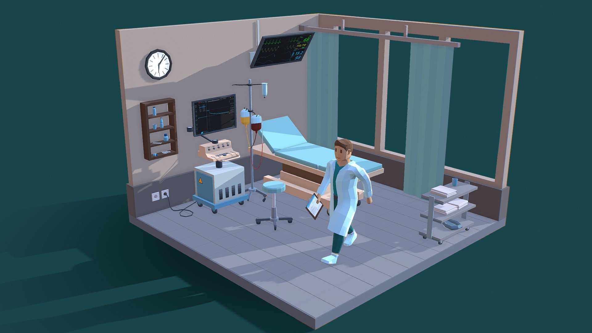 Room:




Medical room made into blender

Triangles: 10,000

Vertices: 5,833

Doc:




Triangles: 1,632

Vertices: 882
 - Lowpoly Medical Room - Download Free 3D model by SantyFrow 3d model