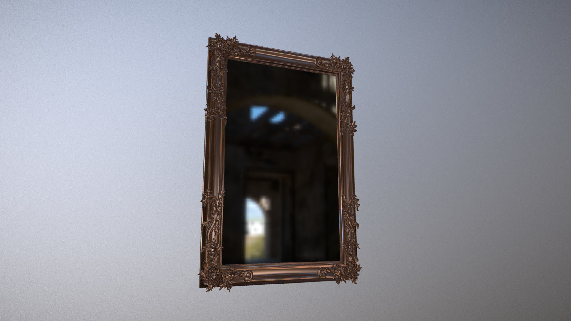 This is a Vintage Baroque mirror finished in rusted Copper. 
The frame is carved with characteristic flowers and leafs 3d model