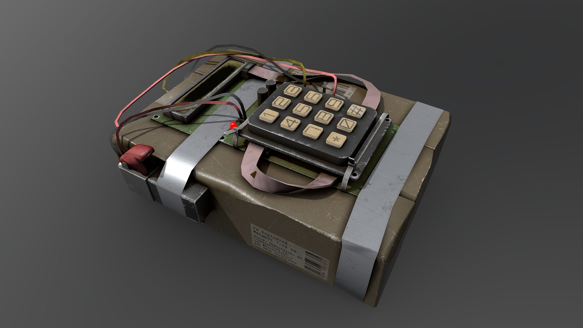 C4 Explosive

Modeled in Blender

Textured in Substance Painter

You can check the better one: https://sketchfab.com/3d-models/c4-explosive-db50ce261dc941ef92471cdb13ce17d4 - C4 Explosive - Download Free 3D model by _Vadim2020_ (@Maha_Knox) 3d model