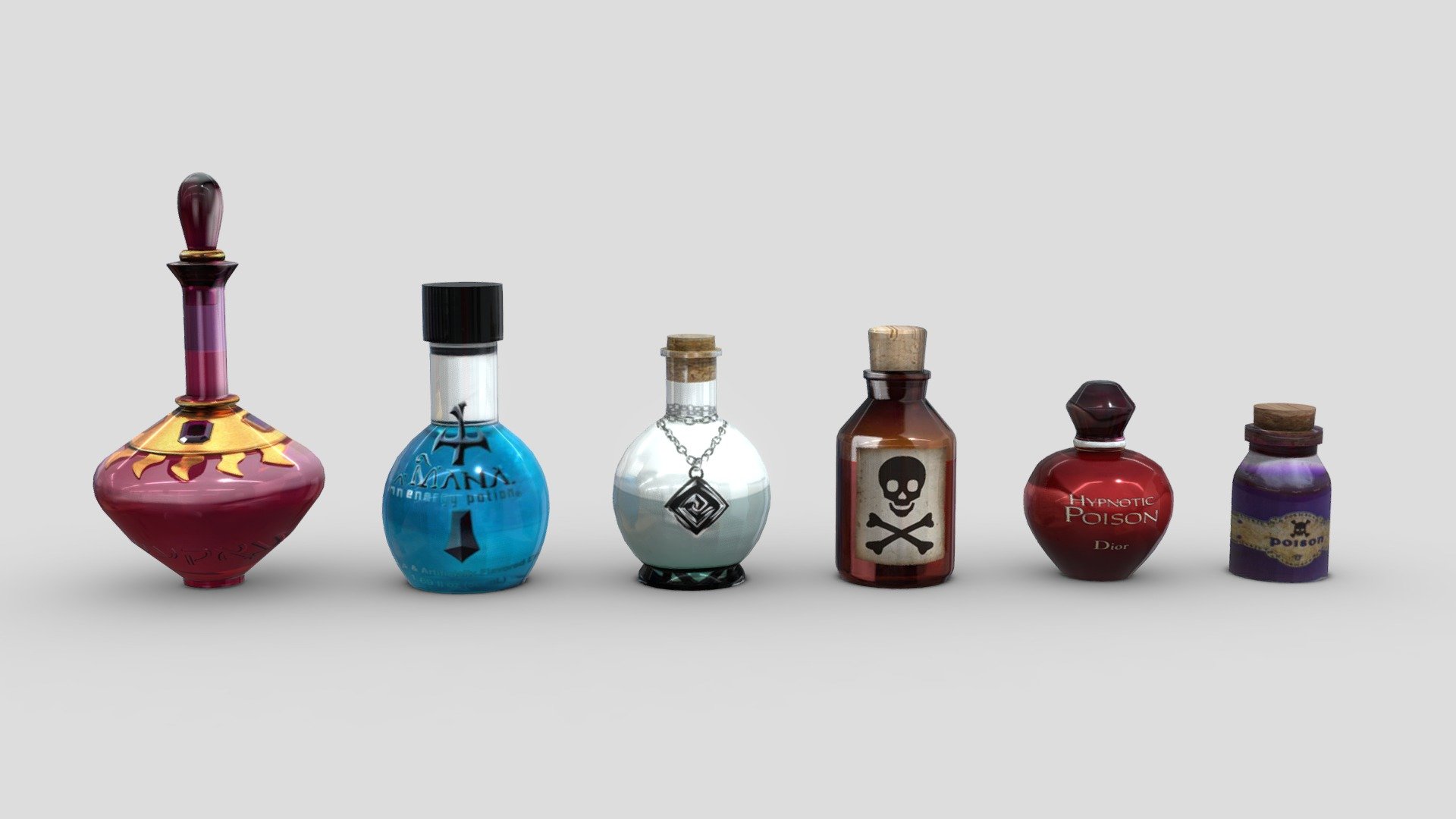 Features:


6 bottles included
Low Poly.
Optimized.
Game ready.
Nomed parts.
Easy to modify.
All formats tested and working.
Textures included and materials applied.
Textures 1024x1024.

Observation:


Projected textures (front and back are the same).
it's perfect for front view.

Bottles:


Poison
Hypnotic Poison Dior
Mana Energy Poison
Caver Poison
Reded Potion
Whitin Potion
 - Pack Potions - Buy Royalty Free 3D model by Elvair Lima (@elvair) 3d model