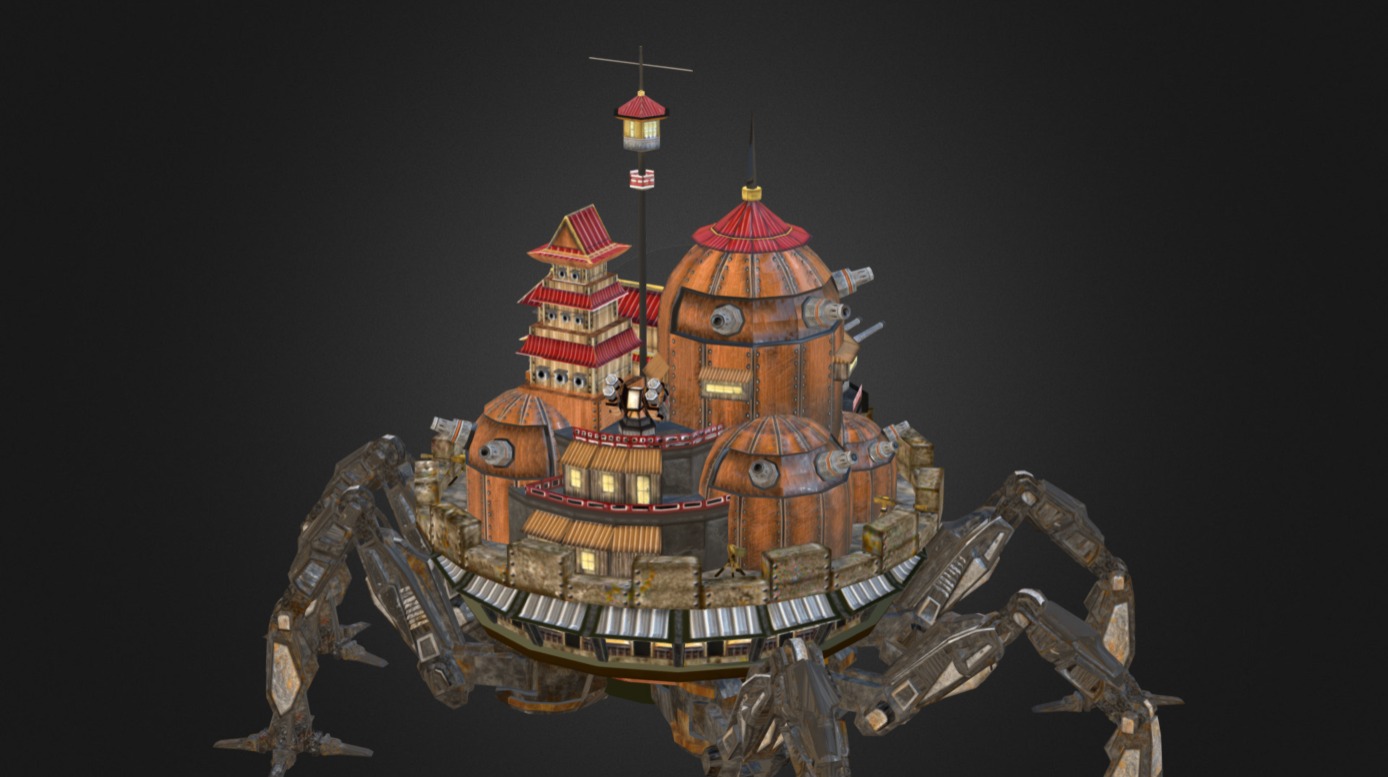 This model was inspired by the form of a six-legged bug, steampunk style, Howl's Moving Castle (Studio Ghibli) and Japanese fortress 3d model