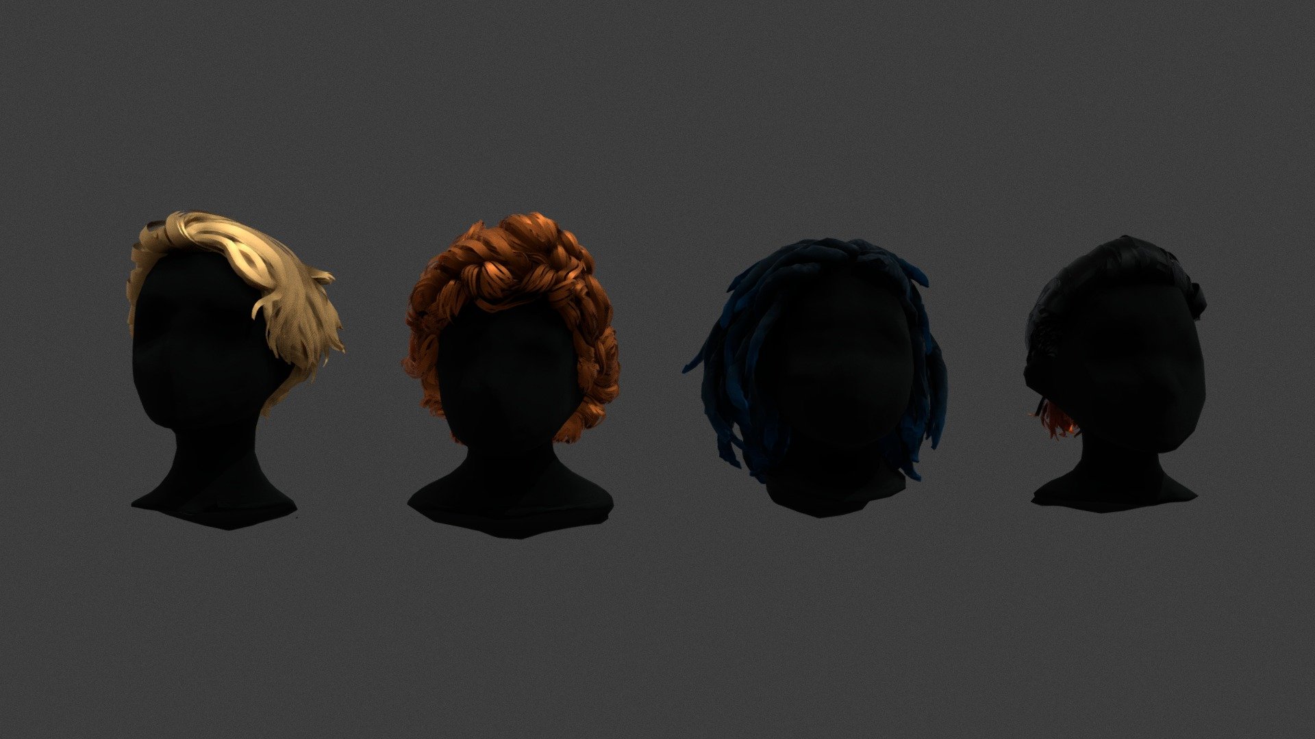 4 short low poly cartoon style hairstyles ready for video games. Two of the models have no textures but all the hairstyles have UVs 3d model