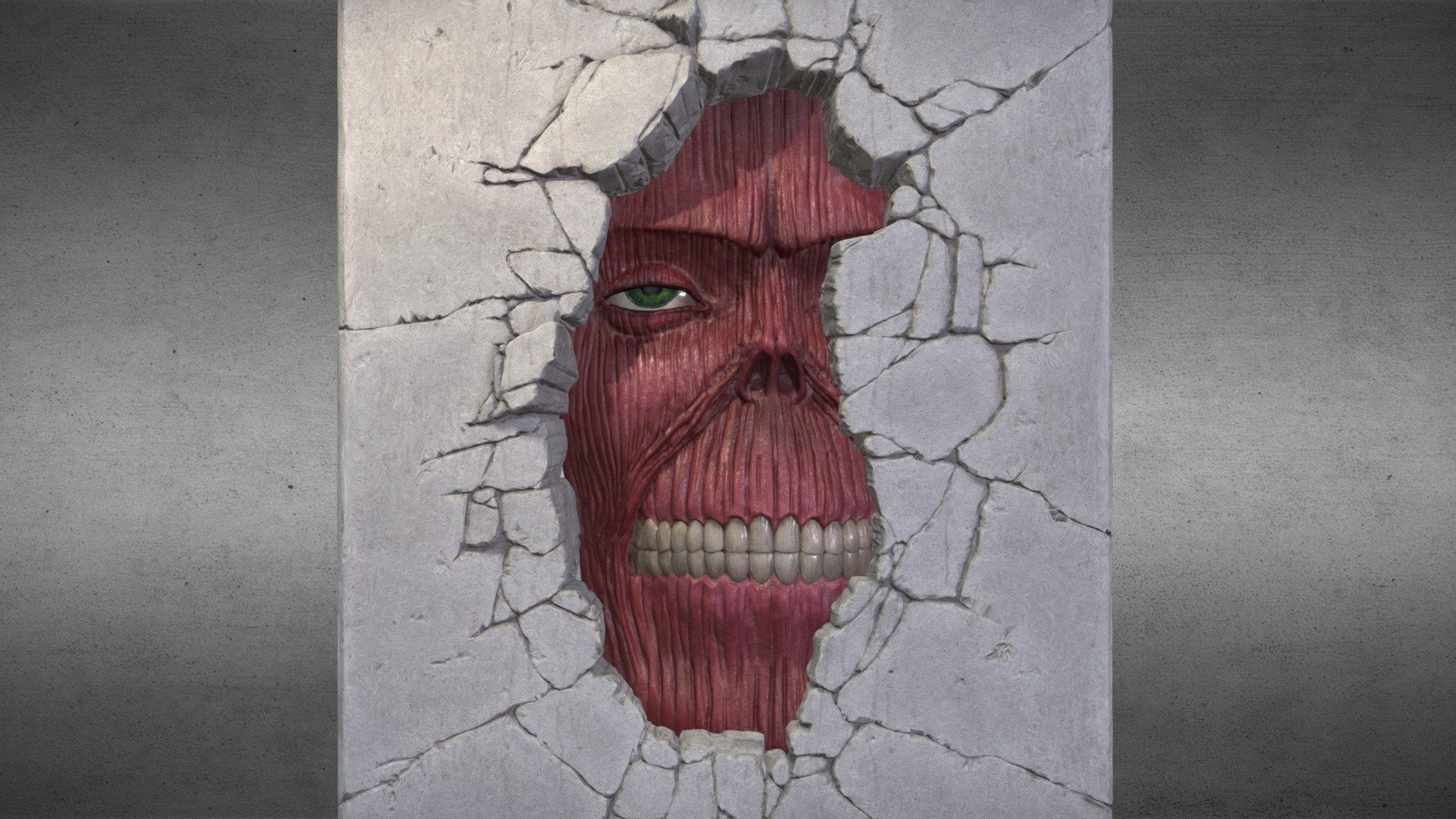 Titan in the wall from manga Attack On Titan.

Appearence in manga chapter 33 after The female titan damaged part of the Wall.

Download file is 3d print format not included low polygon model and PBR textures 3d model