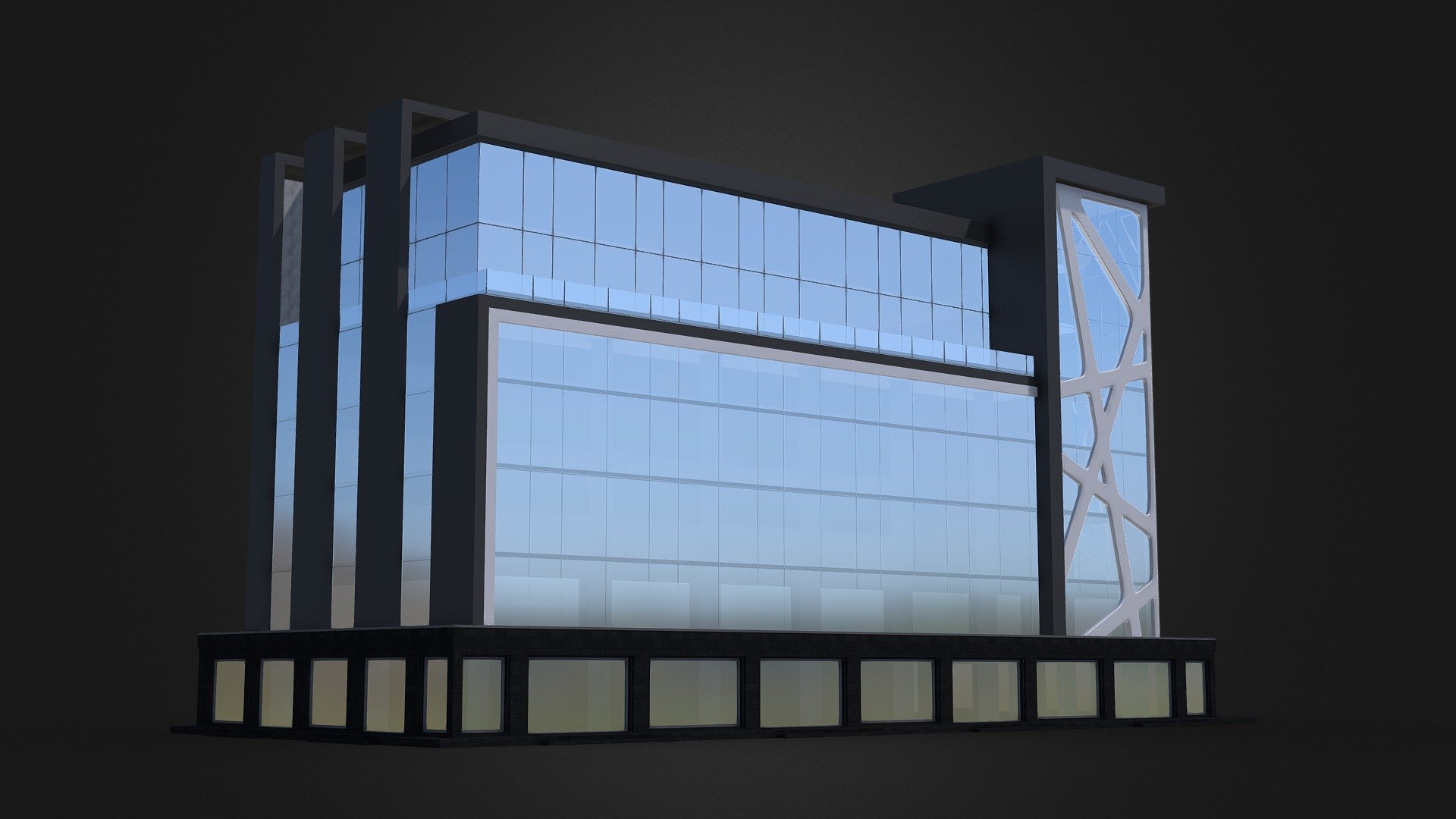 Modern building with a unique design. The building has a glass exterior, giving it a sleek and contemporary appearance. The building is situated in a city, surrounded by other structures.

bkit download
 - Modern Glass Building - 3D model by mirzaev3d 3d model