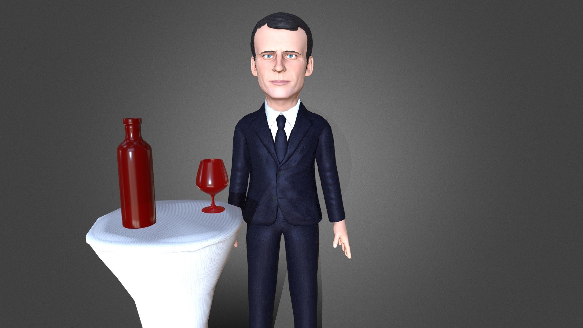 Stylized 3D caricature of Emmenuel Macaroni. Game ready, low poly, rigged, animated 3D model. 

Included in pack: 

FBX file of rigged T-posed character 
Unity pack with Humanoid character in T-pose
OBJ file of unrigged character in case you want to rig him yoursef
Textures 4K PBR 
Animation as in 3D viewer

Check out rest of my models in my store. 

If you like my style feel free to contact me for freelance work: tomisla.veg@gmail.com - Emmenuel Macaroni game ready 3D character - Buy Royalty Free 3D model by TomVeg (@tomislavveg) 3d model