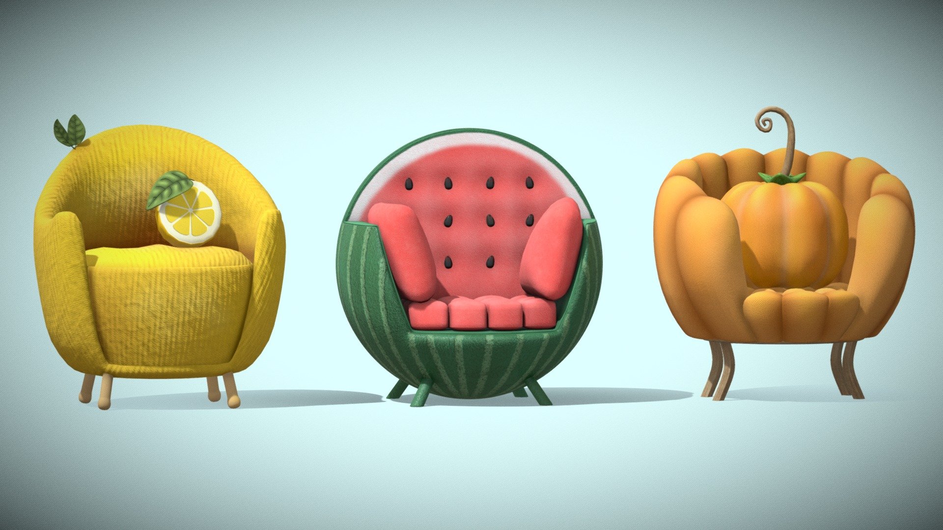Inspired by the ingenious AI-generated designs of  Bonny Carrera , we've transformed ordinary fruits and vegetables into extraordinary pieces of furniture. In this pack, you'll discover Lemon, Watermelon, Pumpkin armchairs that redefine the boundaries of furniture artistry 3d model