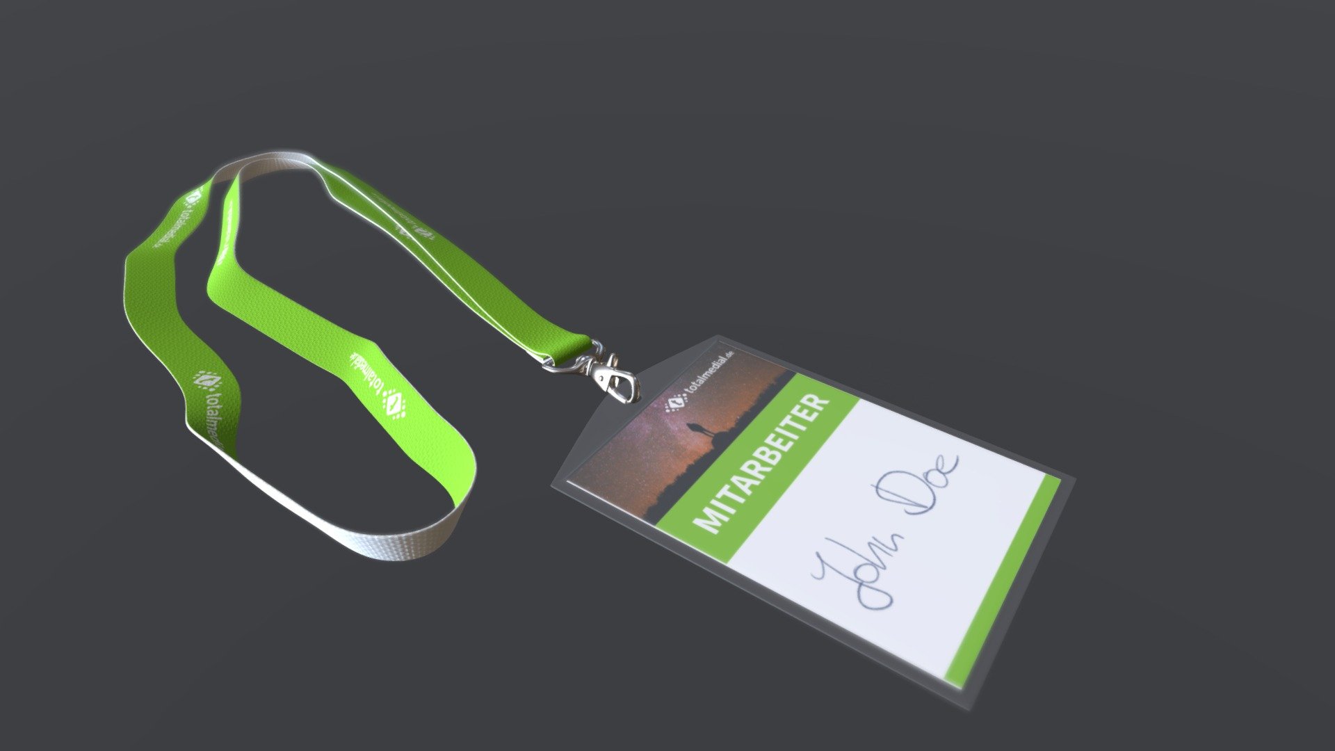 I created a mockup for a lanyard with id-card. My main focus was on a simple reusable texture - so i can change the texture simply based on the PDF i created for the production 3d model