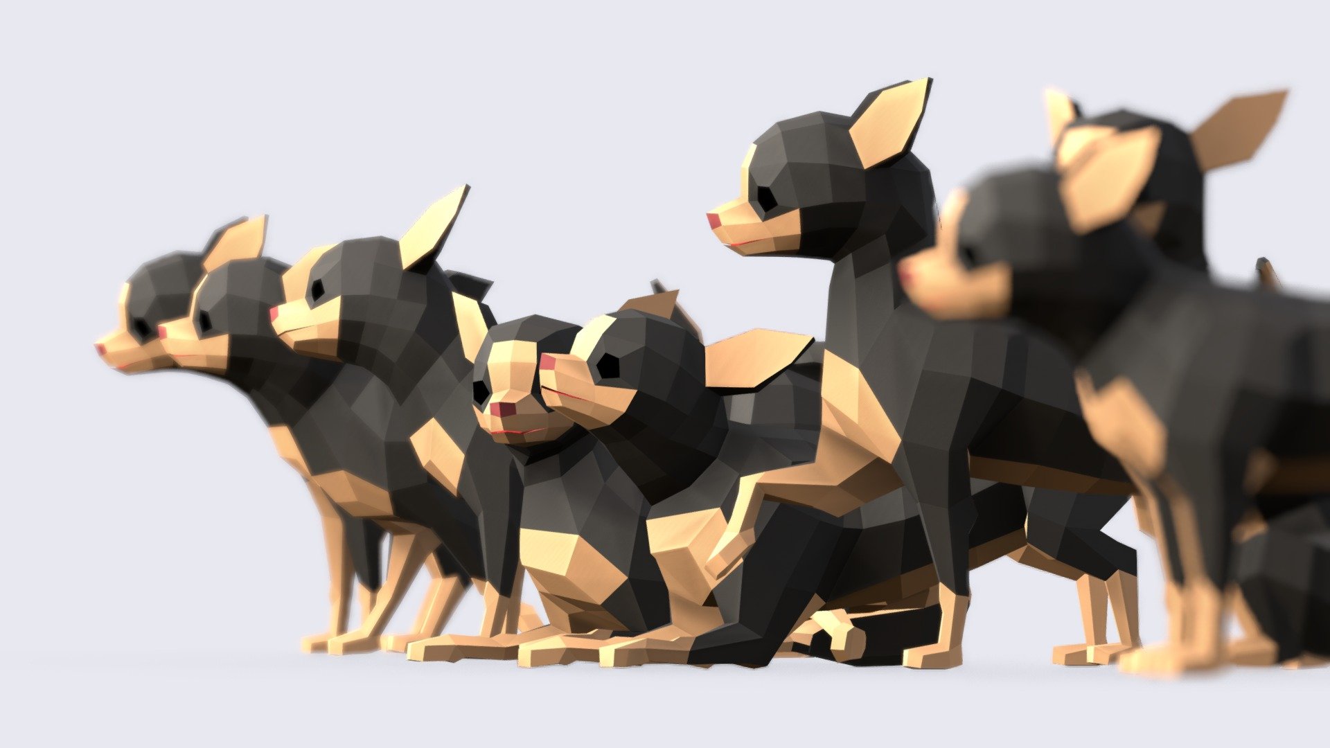 Low Poly Chihuahua Dogs
413 vertices / 417 Faces each


Includes the next files in OBJ, FBX, GLB and BLEND (Native):



The Base Mesh: A quad face based in static pose and mapper texture.

The Pack: A pack with 7 poses (Rest Pose + 6 different).

UV Layout: that applies to all of them.
 - Low Poly Chihuahua Dog - Buy Royalty Free 3D model by Studio Ochi (@studioochi) 3d model