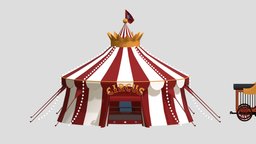 Circus barrel, tent, bench, stand, circus, van, unicycle, balloon, chest, accessories, furniture, canon, target, models, box, artist, popcorn, shooting, juggling, ticket, tightrope, various, lowpoly