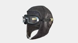 Old Aviator Leather Pilot Helmet With Goggles hat, flying, historic, leather, goggles, cap, ww2, fighter, vintage, pilot, with, brown, googles, combat, old, ww1, pbr, helmet, low, poly, female, plane, male, war, sailplane, aviatior