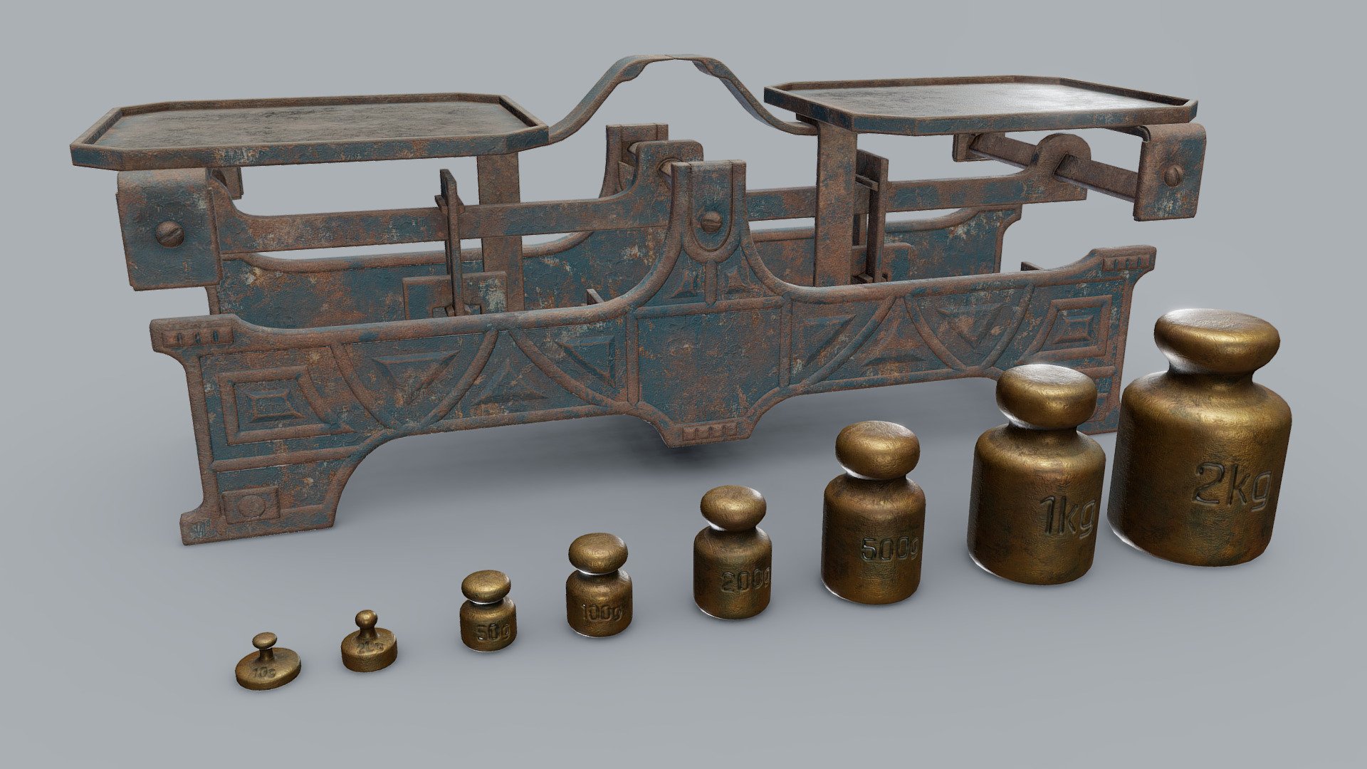 Old rusty balance scale with weights. PBR materials, 4K textures.

The model is not rigged, but includes two additional models of the same balance scale with plates being out of equilibrium 3d model