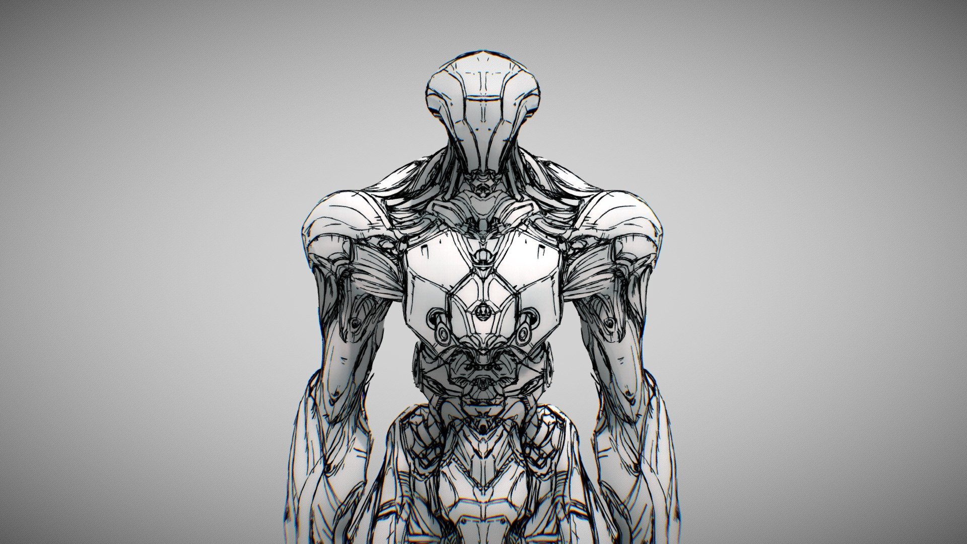 Here is a sketch of the mech.Lines were drawn in GreasePencil as sculptures in Blenber. 
Polygons are reduced for uploading to Sketchfab 3d model
