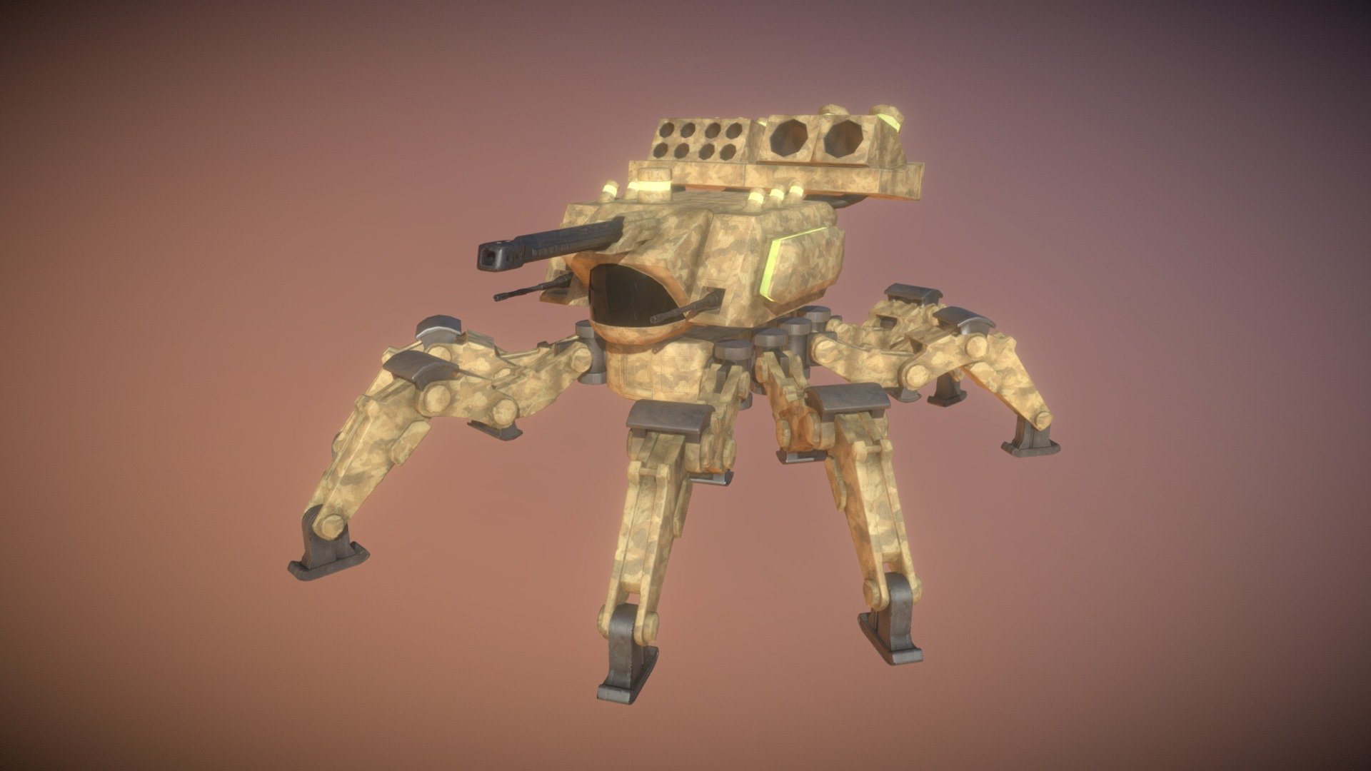 The SP1D3R Tank is an 8-legged combat vehicle, made for ultimate warfare. It is equipped with two large machine guns, a powerful tank gun, 8 heat-seeking missiles and 2 mini-nuke missiles. Its engines run on plasma fluids 3d model
