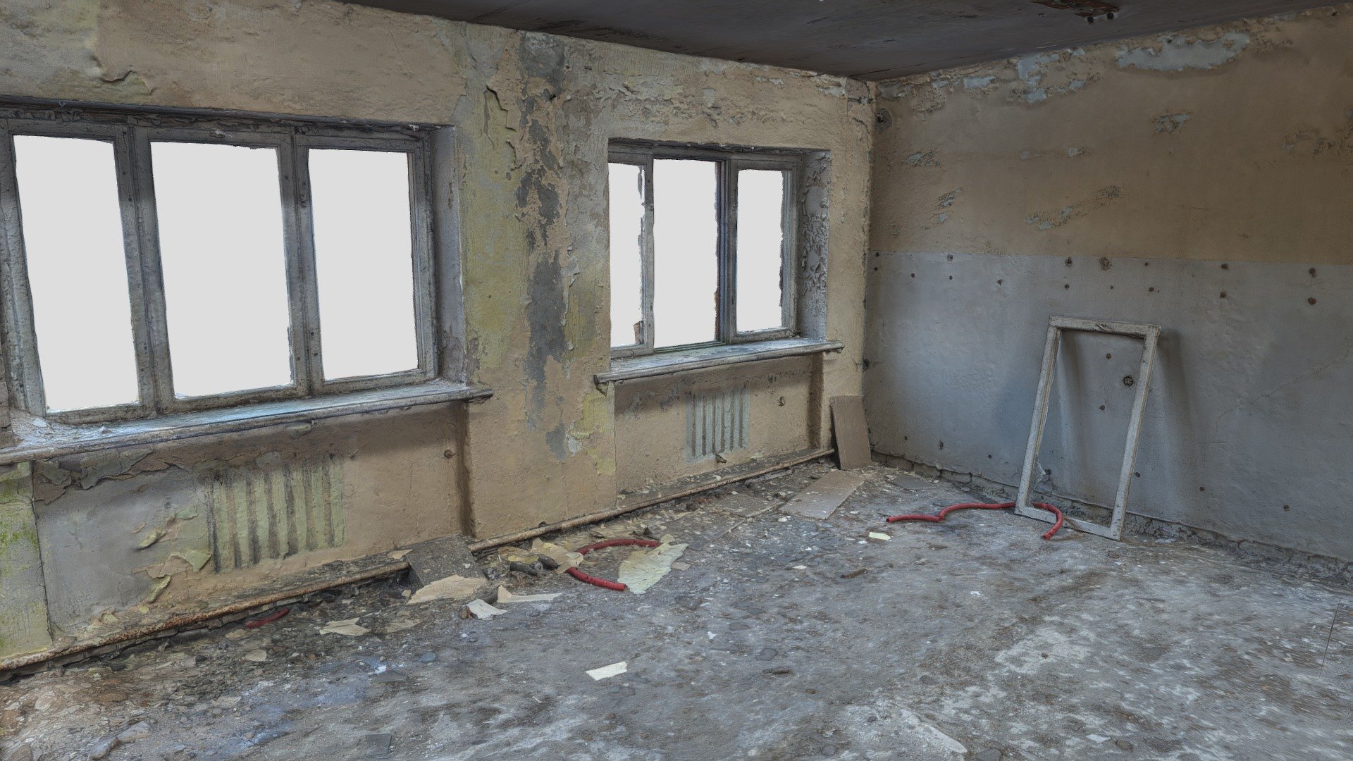 3D scan of a room found in an abandoned soviet factory.
Wooden window frame on the ground. 
With normal map 3d model