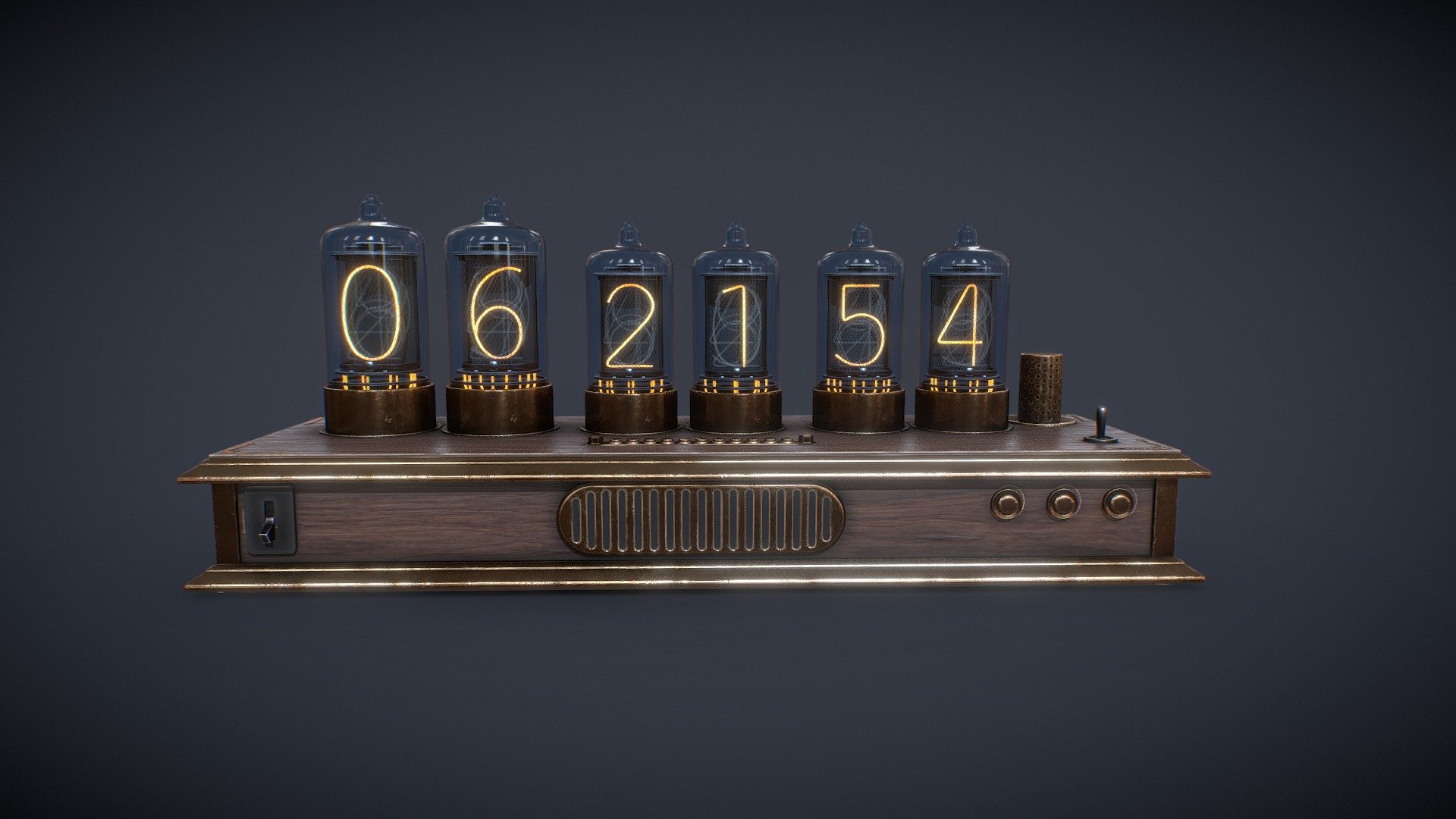 Hello All :) This is a Nixie Tube clock made for a victorian project, nice object to give you time and warm ligth.
Polycount can be optimized easly on ligth tubes.

Made with Maya, PS and Substance.

You will find in the package Scene file, FBX and 2k Textures.
If you have any customs need, please feel free to contact me 3d model