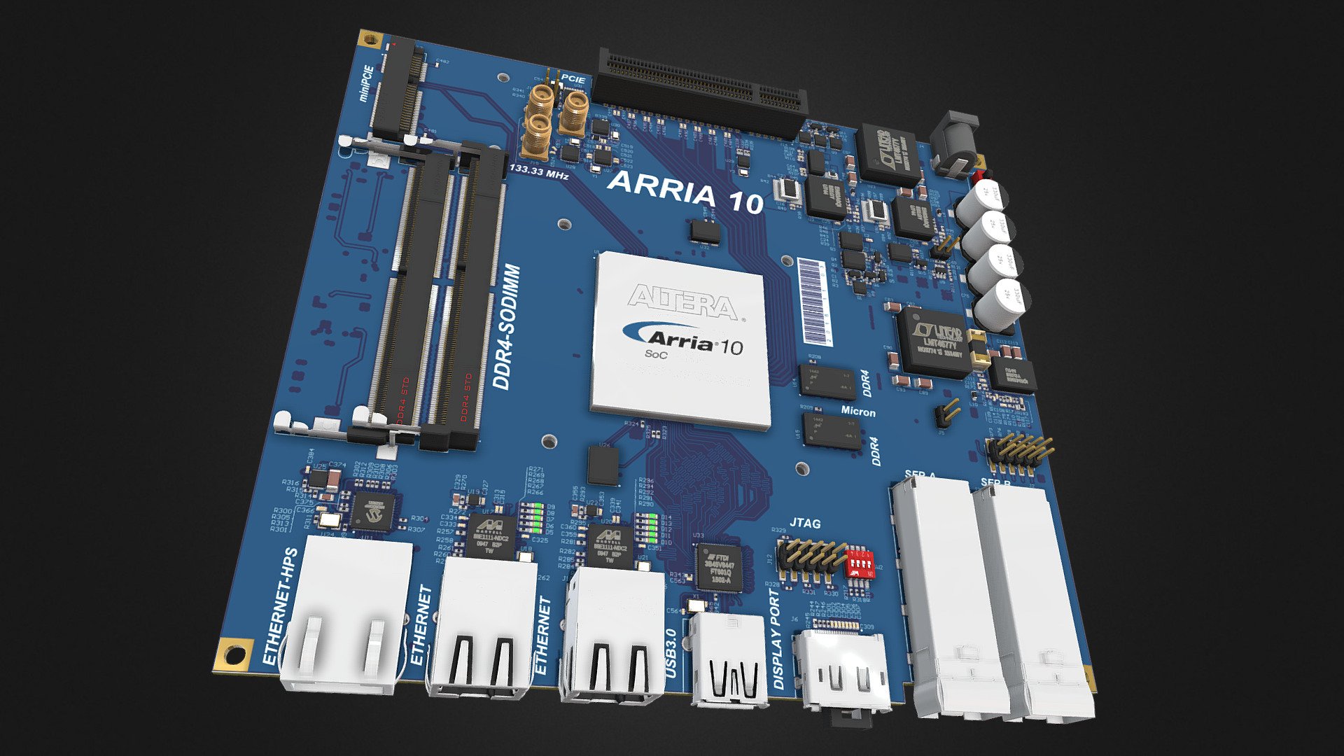 A high Poly 3D VIEW of the Mini PC project that we can found in altium designer tool.
This board use an ARRIA 10 INTEL / ALTERA FPGA. 2 x SFP+, 1 x USB3.0, 1 x DisplayPort, 3 x Ethernet, 2 x Slot DDR4 SODIMM and 2 x DDR4 components, 1x PciExpress, 1 x msata.

All components can be modified (translate, delete,…).
Don't hesitate to comment somes hardware references that you want to see in sketchfab 3d model