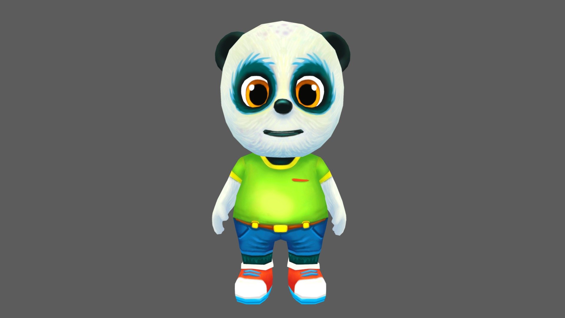 Panda Bear character for games and animations. The model is game ready and compatible with game engines.

The model is low poly with four texture resolutions 4096x4096, 2048x2048, 1024x1024 &amp; 512x512.

Included Files:


Maya (.ma, .mb) - 2015 - 2019
FBX - 2014 - 2019
OBJ

The package includes 18 Animations which are as follows:


Run
Idle
Jump
Leap left
Leap right
Skidding
Roll
Crash &amp; Death
Power up
Whirl
Whirl jump
Waving in air
Backwards run
Dizzy
Gum Bubble
Gliding
Waving
Looking behind

The model is fully rigged and can be easily animated in case further animating or modification is required.

The model is game ready at:


2746 Polygons
2745 Vertices

The model is UV mapped with non-overlapping UV's. The shadows and lights are baked in the texture, although you can add more lights and shadows for rendering and use it as you please 3d model