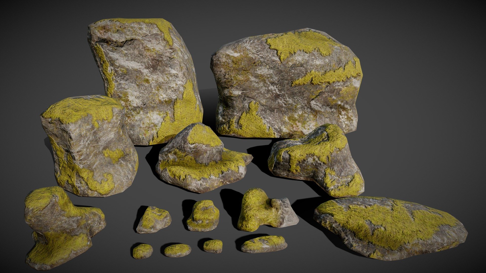 small and medium rocks textures at 1024x1024 , bigger rocks textures at 2048x2048.

the .RaR file contains all the fbx and 2 texture folders (unity5 and unreal4 textures) for each model.

the RaR file size is 33mb.

14 models in total.

Total polys count: 2.568
Total verts count: 2.596 - Mossy Rocks Pack - Buy Royalty Free 3D model by Joan LP (@joanlahots) 3d model