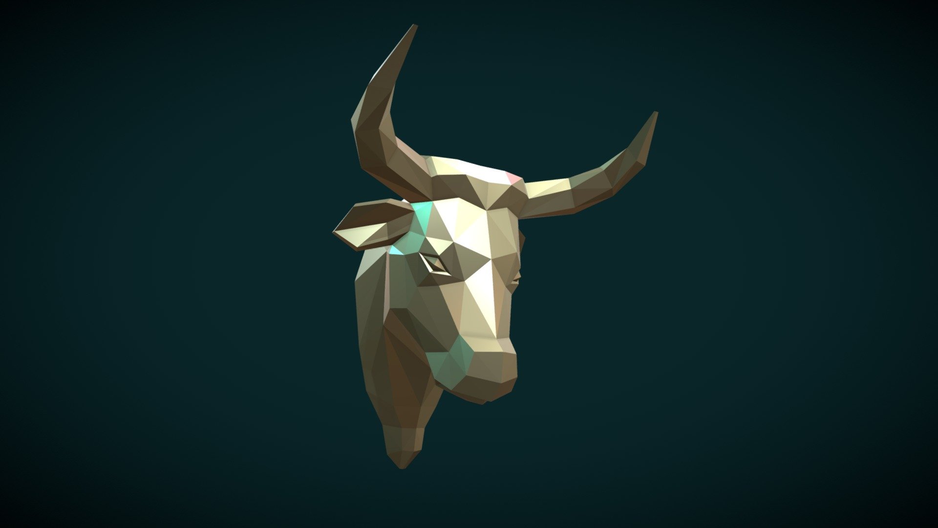 Print ready low poly Bull Head.

Measure units are millimeters, it is about 3 cm in width. (from horn to horn)

Mesh is manifold, no holes, no inverted faces, no bad contiguous edges.

Available formats: .blend, .stl, .obj, .fbx, .dae

Here is three version of the model:

1) LP_Bull_sld. (.stl, .obj, .fbx, .dae) Here is the solid version, the model consists of 428 triangular faces.

2) LP_Bull_6 .(stl, .obj, .fbx, .dae) Here is the a hollow version, the model consists of 19140 triangular faces. Wall thickness is about 0.6 mm.

3) LP_Bull_10 .(stl, .obj, .fbx, .dae) Here is another hollow version, the model consists of 16664 triangular faces. Wall thickness is about 10 mm 3d model