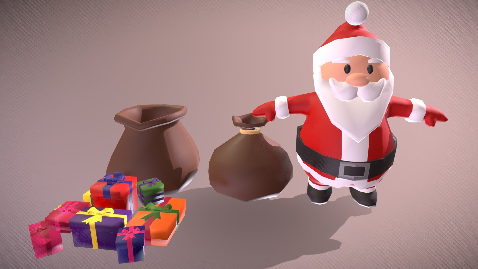 This is a pack of Santa with Christmas presents with two bags 3D model. This is a low poly model. It is made in Autodesk Maya 2018 and texturized with Arnold materials , iluminated and rendered in Arnold.

This model can be used for any type of work as: low poly or high poly project, videogame, render, video, animation, film…This is perfect to use it as decoration in a Christmas Scene or for a CHristmas postcard image with other christmas decoration that you could see in my profile too…

There are a lot of different type of present: with different colours(red,blue,orange, yellow…), and different sizes and forms. Also, all of them have an interior but there are someones that you could open too if you want. THere are two bags, one opened with presents inside and another one closed next to the Santa.

This contains a .fbx

I hope you like it, if you have any doubt or any question about it contact me without any problem! I will help you as soon as possible, - Santa Claus with Presents - Buy Royalty Free 3D model by Ainaritxu14 3d model