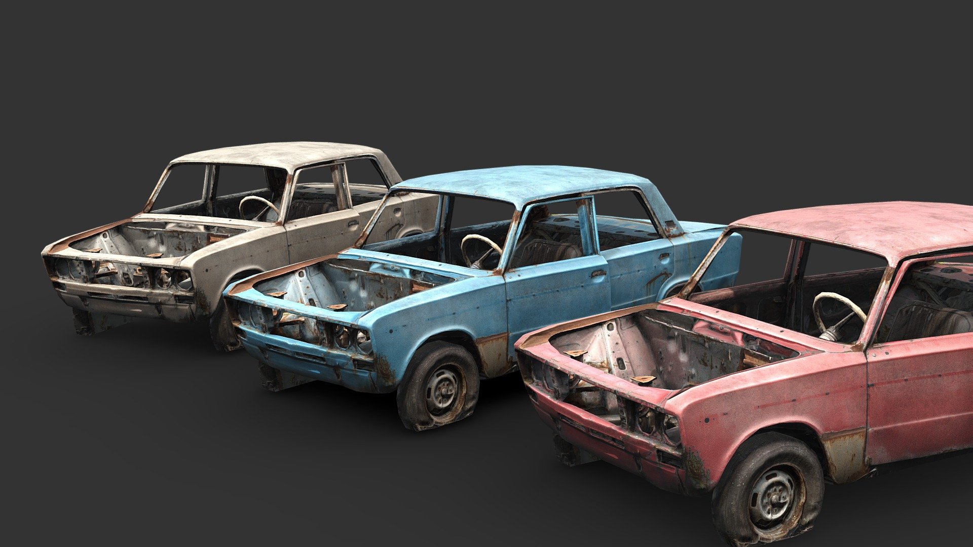 A re-cleanup of my previous retopology of Rudavin's VAZ 2106 scan, I photoshopped the car to be one solid color instead of patched together: https://sketchfab.com/3d-models/vaz-2106-chernobylite-412d2f9b212740c9b4ba8b91aec8579c

Made in Topogun, 3DSMax, and Substance Painter 3d model