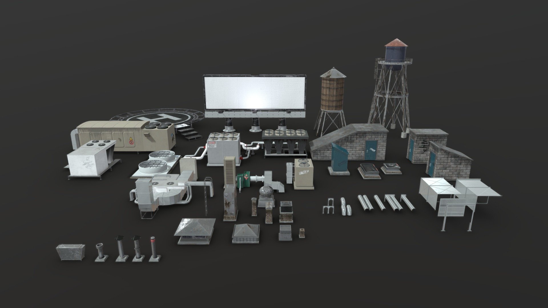 Features:

All materials have: base color, normal and an ORM packed texture (R-Occlusion, B-Roughness, G-Metallic).
The showcase scene is included.

Number of Unique Meshes: 63 Static Meshes

Collision: (Yes | custom and automatically generated)

Vertex Count: 230 643

LODs: (No)

Number of Materials and Material Instances: 1 master materials and 7 material instances.

Number of Textures: 23 Textures (4096x4096).
Texture Resolutions: (4096x4096)) - Rooftop Props - 3D model by antoineallardchoquette 3d model