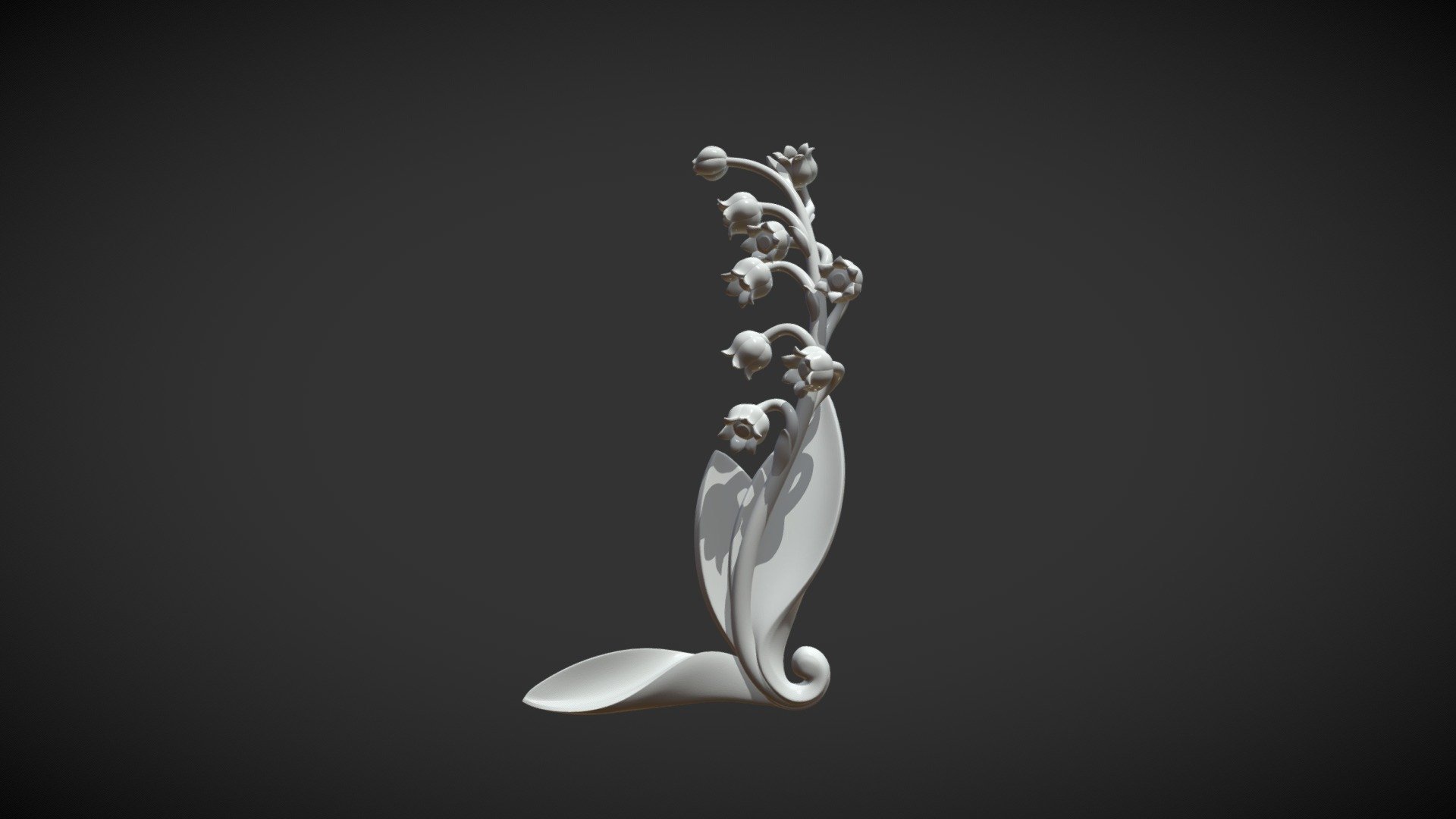 Print ready lily of the valley.

Can be used like corner decor element for bas relief or like some thing else.

Mesh is manifold. No holes. No bad contiguous faces. 

Measure units are millimeters, it is about 7 cm in height.

Faces count: 233688 (tris) 
Available formats: .blend, .obj, .stl, .fbx, .dae 

======================================================== 

Cycles materials that was used for rendering is available in .blend file 3d model