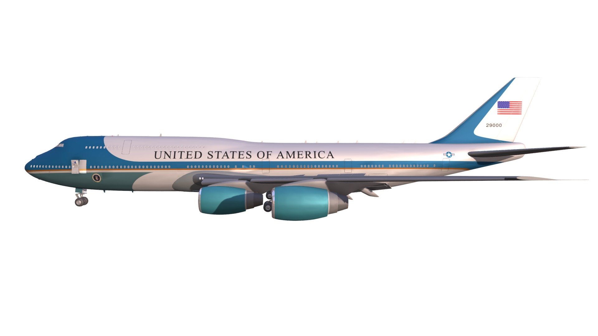 High detailed and correctly scaled 3d model of Boeing Air Force One VC-25, aircraft carrying the President of the United States.

This version is Landing scene 3d model