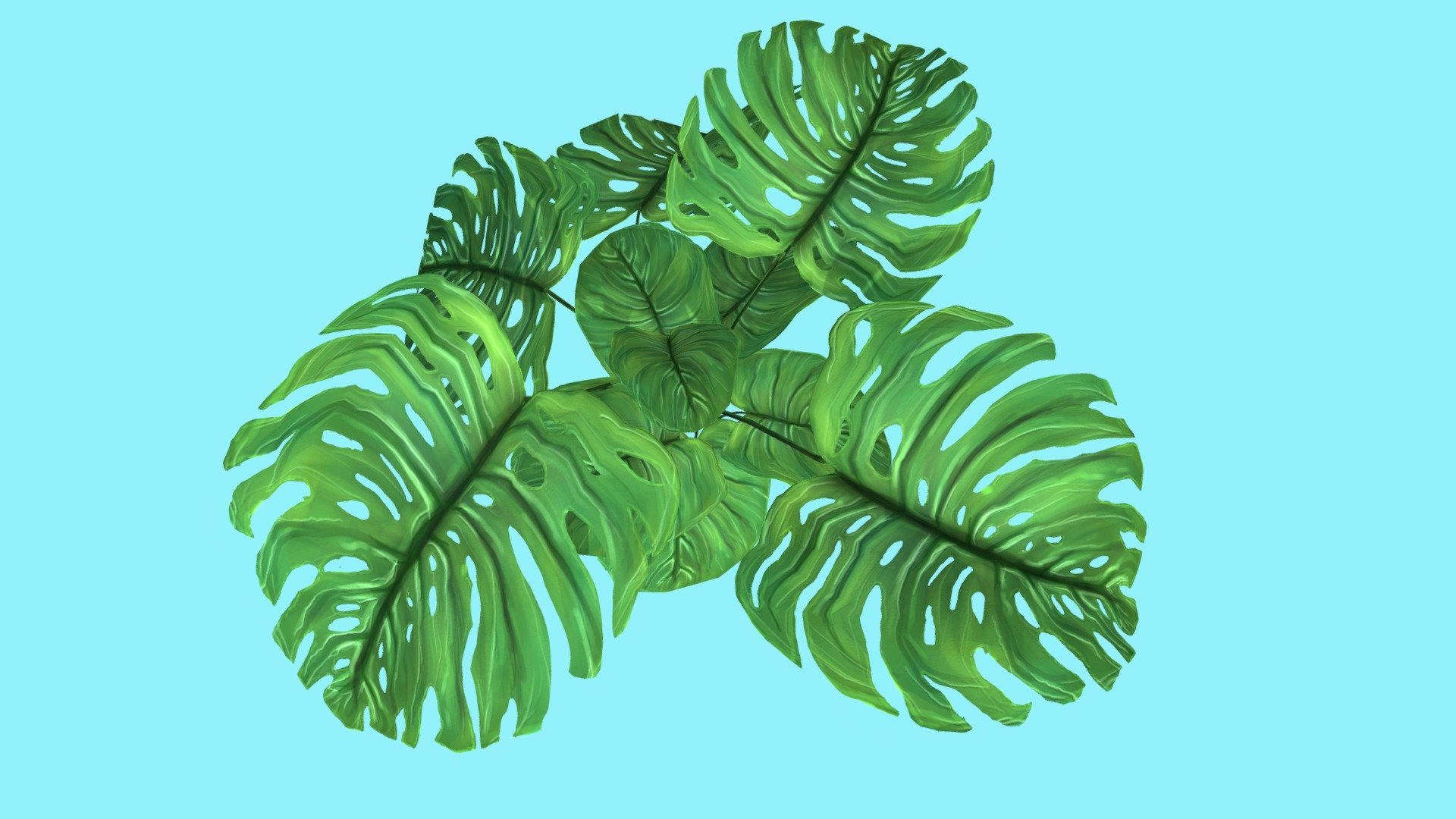 I was planning to create a sellable foliage pack and started experimenting with various foliage to create. this is a simple filodendron leaf / bush. 2 leaves, has holes, the other is not. The full leaf was used as the core of the bush, the larger leaves with holes as the outer shape. The stem is overlapping UV on the leaf, basically a plane with a loocut in the middle and the middle line was extruded both directions 3d model