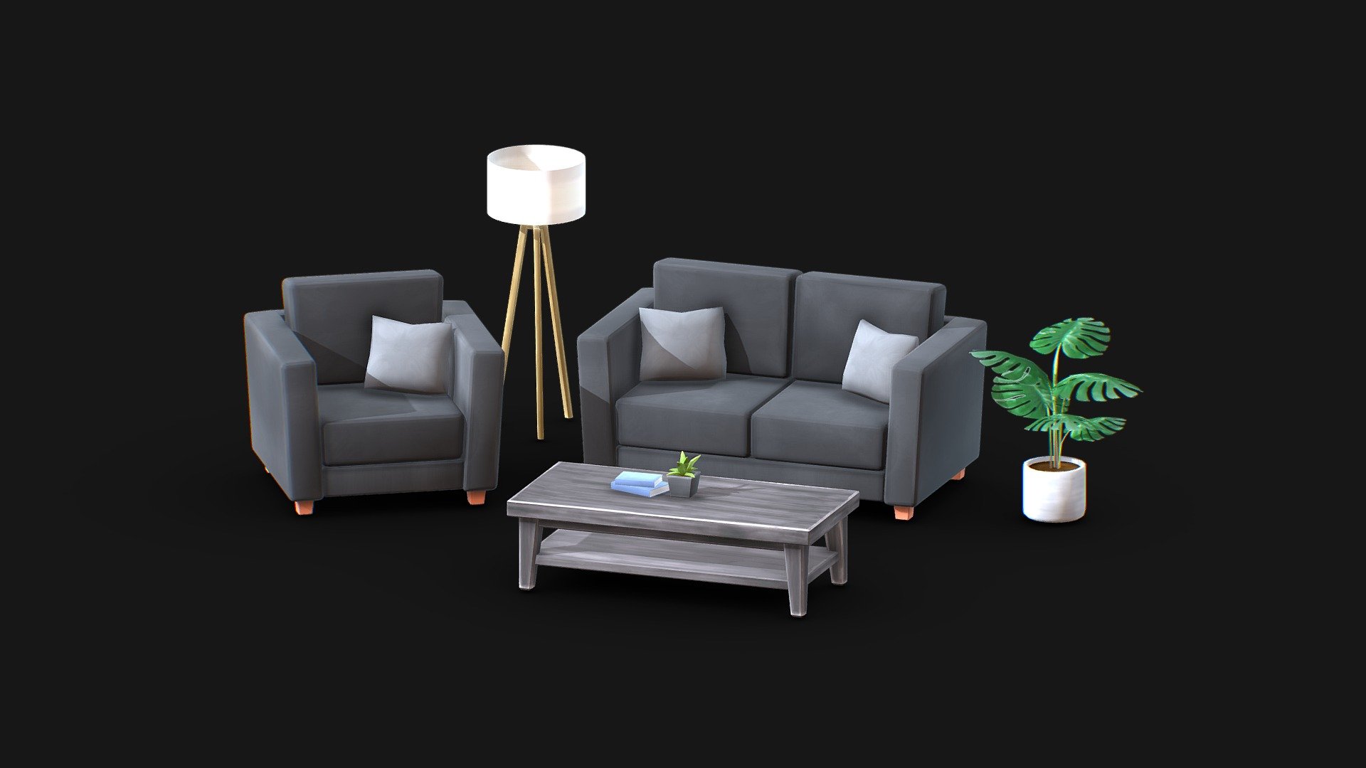 This pack contains eight individual asset models that can be used and modified in your 3D projects.

Included in this pack are:
    1. Double Couch
    2. Single Couch
    3. Coffee Table
    4. Large Plant
    5. Small Plant
    6. Pillow
    7. Floor Lamp
    8. Book

This pack has been set up to use the blender asset browser and can easily be added to your asset library.
Do so by moving the blend file into your asset browser directory and searching for the Living Room Asset Pack catalog. 

If you are unsure about this process, please refer to the guide below or reach out to me on instagram @benjilabs

https://wiki.blender.org/wiki/Reference/Release_Notes/3.0/Asset_Browser

Individual FBX files are also included. 

Benji Labs 2022
joelbenji.com - Stylised Living Room | Blender Asset Pack - Download Free 3D model by Benji Labs (@benjilabs) 3d model