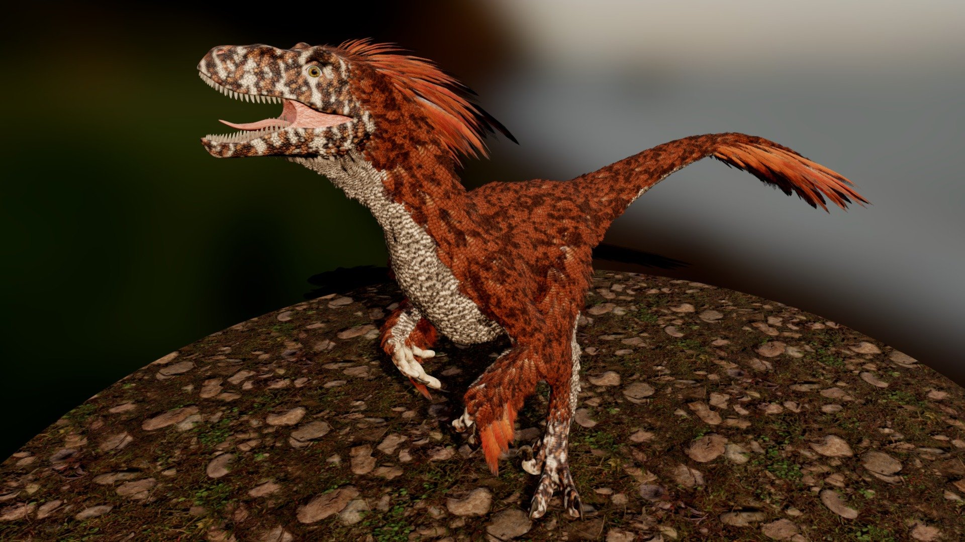 Deinonychus Antirrhopus, Personal work
You can check out full-quality renders with poses and backround world: https://www.artstation.com/artwork/YKWmoq animations are also there 3d model