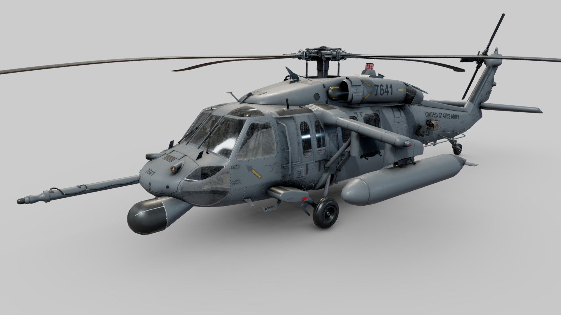 UH-60 BLACKHAWK Helicopter 3D Model

KEY FEATURES




3D Modeled Interior and Cockpit: Complete interior and cockpit modeled in 3D.

Interactive Components: 3D modeled indicators and separate objects with functional switches and instruments.

Organized Workflow and Files: File structure organized for ease of use.

TEXTURES:




PBR Textures: Created using Substance Painter.

Material Maps: Base Color, Roughness, Metallic, Normal, Emission, Occlusion.

Texture Resolution: 4K resolution textures.

Emission Maps Included: Enhances illuminated components.

Fully UV Unwrapped: Ensures proper application of textures.

TECHNICAL SPECIFICATIONS

Polycount:




Objects: 169

Vertices: 273,479

Edges: 535,561

Faces: 267,796

Triangles: 474,878

21 LIVERIES/SKINS INCLUDED

 - Sikorsky HH-60 Pave Hawk - Buy Royalty Free 3D model by luisbcompany 3d model