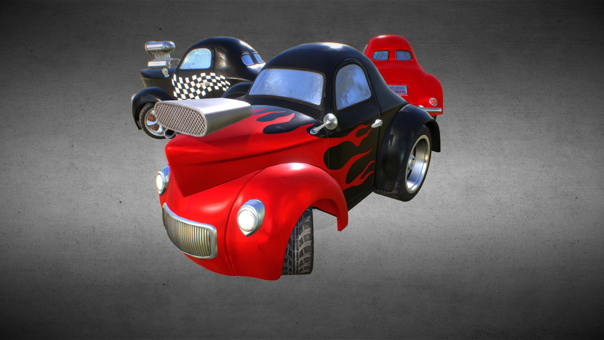Low poly cartoon-stylized cars inspired by the car design of 1940s.

Models summary:

MK1: 9014 tris, 4727 verts

MK2: 9610 tris, 5075 verts

MK3: 14412 tris, 7648 verts

 - Cartoon Hot Rod Coupe - 3D model by RicochetWitcher 3d model
