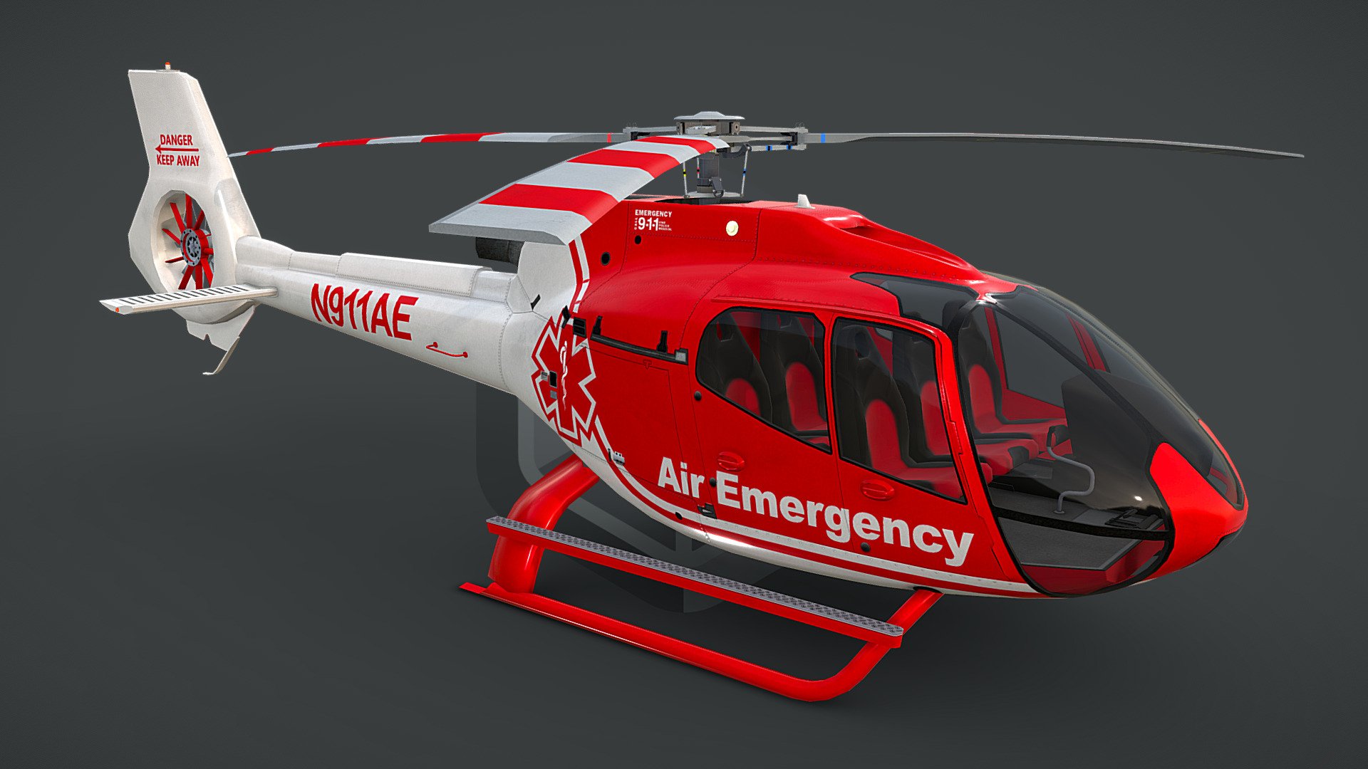 game ready, realtime optimized game asset

unique livery and branding

both PBR workflows ready

LOD0 is HQ lowpoly with bended top rotor, all lights objects and interior

LOD0 19710 tris, LOD1 10462 tris, LOD2 7388 tris, LOD3 5990 tris

100% triangulated and 100% unwrapped non-overlapping

5 x uv layouts, body, HQ rotors, LQ rotors, interior, lights

made using blueprints, real world scale meters

all rotors detached and animable in each LOD with properly placed pivots for flawless animations

hideable capsule built interior that fits perfectly the body

interior is simple but a great basis for further elaboration

big textures pack with native 4096 x 4096 px textures for body, rotors, interior

LOD3 rotors have own textures with blades on alpha channel

light objects have own, small, textures, and contain an emission map

pack contains native .max scene, created in 3dsmax 2014

pack contains clean and flawless FBX and OBJ files

each LOD and all LOD together exported in each file format
 - Air Emergency Helicopter EC130-H130 Livery 4 - Buy Royalty Free 3D model by CGAmp 3d model
