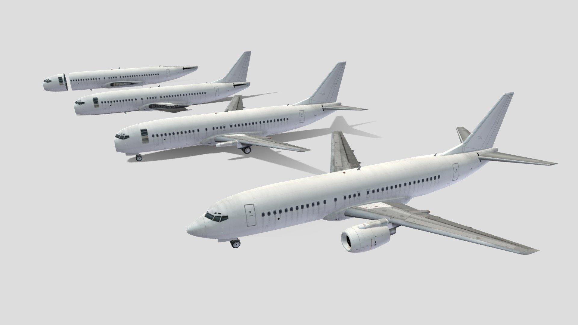 This is a 3D low-poly model of a Boeing 737-400, optimized for minimal complexity with less than 5000 polygons. Despite its low polygon count, the model accurately captures the iconic design and aerodynamic features of the Boeing 737-400, making it ideal for real-time rendering in games or simulations.

it can be used as a whole together but also has separated and dedicated parts in various standard formats contains two scenes that have a group of scrapped planes, in case you don't know or don't want to remove parts from the set provided

It comes with a blank layered base (albedo) texture, providing a clean slate for customization. This allows you to apply your own color schemes, decals, or airline branding. The layered structure of the texture file offers flexibility in modifying different parts of the aircraft separately

Static, non rigged, Lowpoly mesh, blank texture, for Asobo Microsoft MSFS or Laminar Research XPlane Scenery Airport development , standard materials - Boeing 737-400 Static Boneyard Blank Low-poly - Buy Royalty Free 3D model by hangarcerouno 3d model