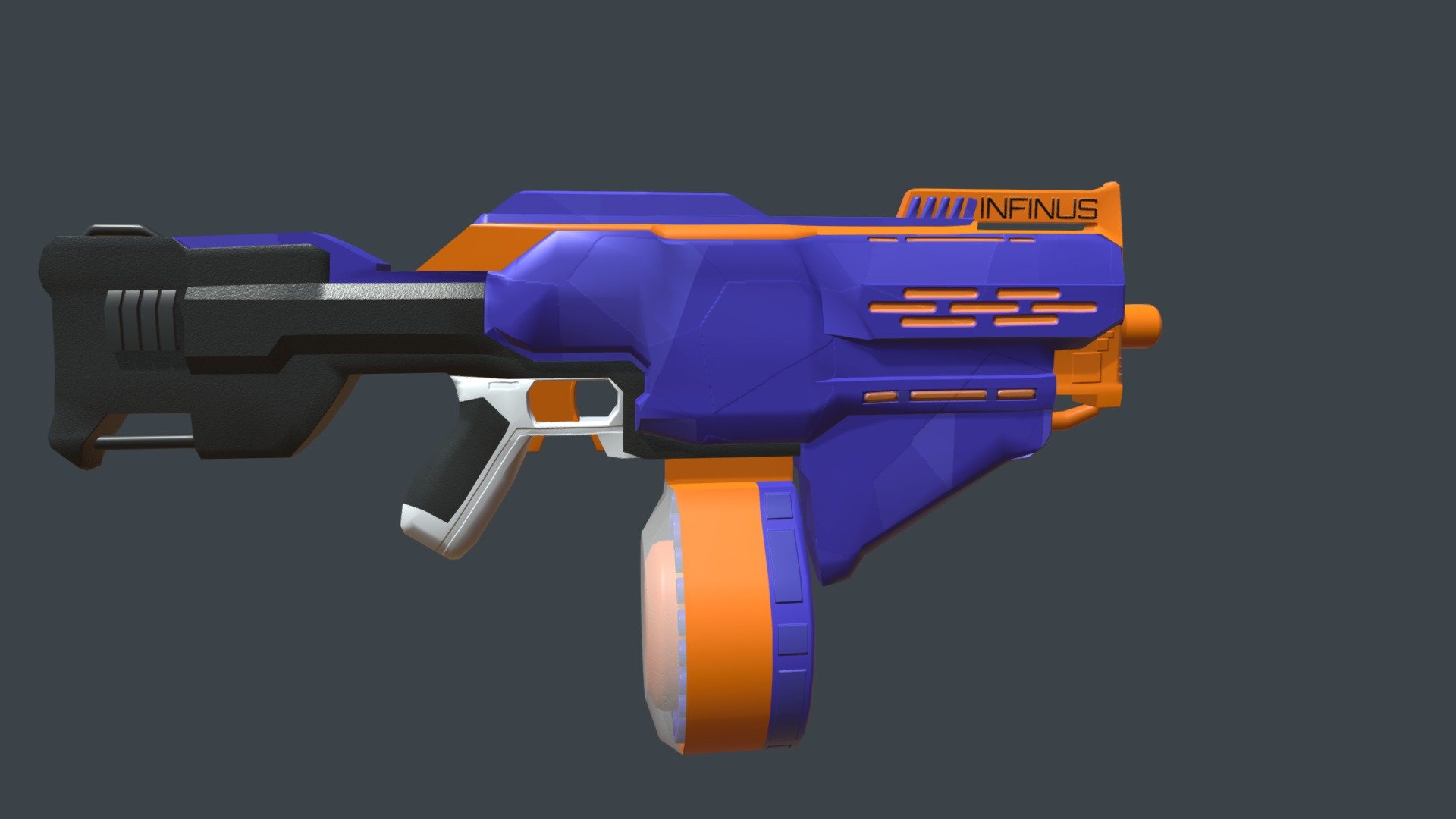 Modeled, animated, and textured nerf gun

Reference: https://www.walmart.com/ip/Nerf-N-strike-Elite-Infinus-with-Speed-Load-Technology-30-Dart-Drum-and-30-Nerf-Elite-Darts/606554546 - Nerf Infinus - 3D model by rollthebryce 3d model