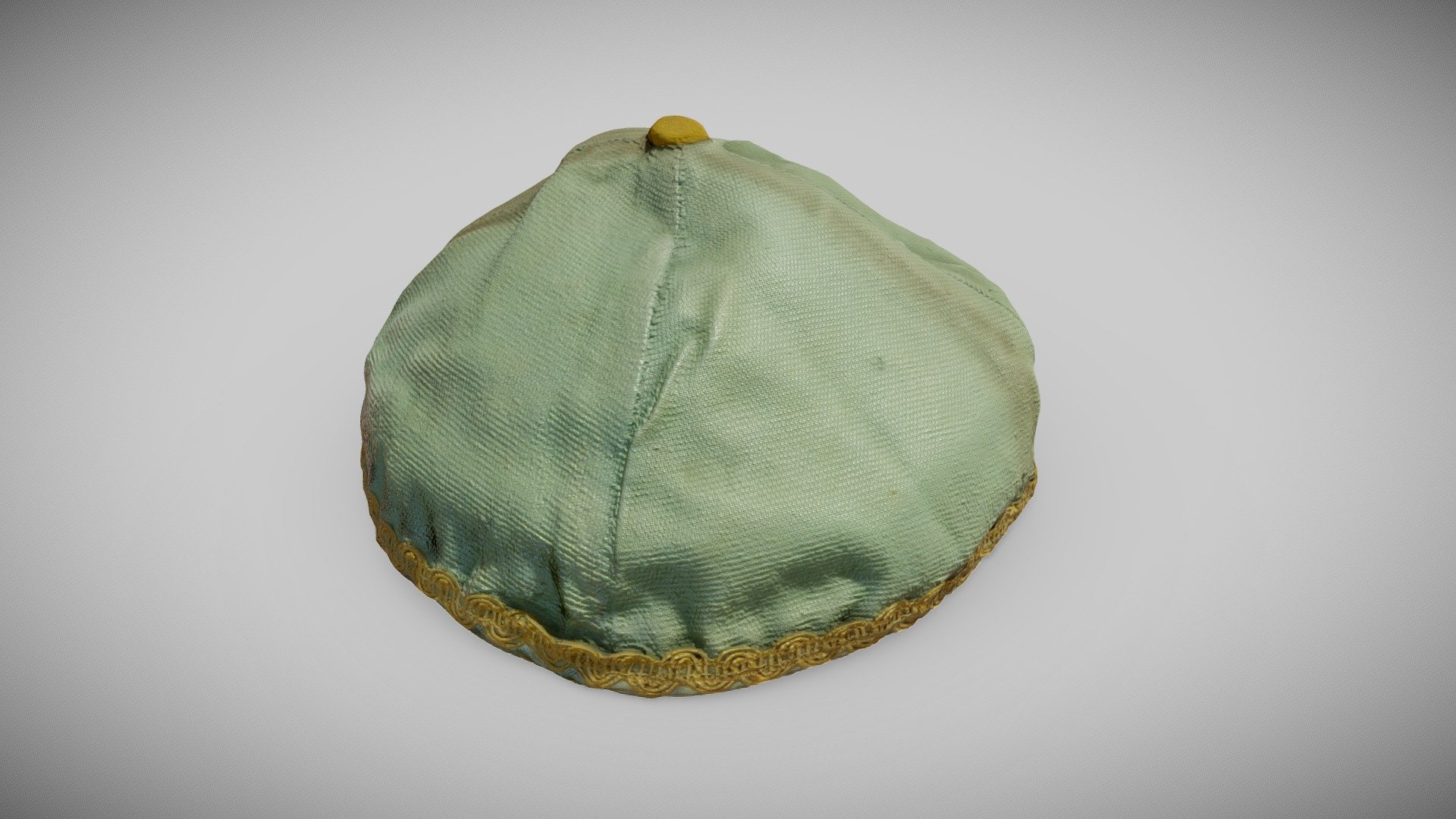 Full name: Green kippah from the house of Szymon Kluger in Oświęcim, Poland

Known as a kippah or a yarmulke, it seems to be the most universally recognised symbol of Jewish religiosity and culture.  What is the origin of the custom of wearing this small brimless skullcap by Jewish men atop their head? The practice of covering only the crown of one’s head is not rooted in any Biblical or Talmudic precepts. Instead, its foundation lies in the description of the clothes of a high priest (Exodus 28:4, 36-39) or in the traditional headwear of Talmudic scholars in Babylonia. 

For more images and further information, visit: https://muzea.malopolska.pl/en/objects-list/3004

Inventory numer: MZ-334-O

Localisation of the physical object: Auschwitz Jewish Center, Oświęcim, Poland  

Digitalisation: Regional Digitalisation Lab, Małopolska Institute of Culture in Kraków, Poland; “Virtual Museums of Małopolska” project - Green kippah from the house of Szymon Kluger - Download Free 3D model by Virtual Museums of Małopolska (@WirtualneMuzeaMalopolski) 3d model