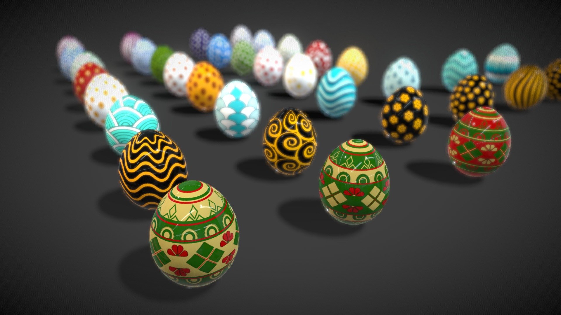 Get ready for Easter!

Collections Easter Eggs 8 model low-poly 3d model ready for Virtual Reality (VR), Augmented Reality (AR), games and other real-time apps. its ready for rendering and advertising too Features: 
- 35 egg prefabs 
- 8 Colections styles texture 
* Polycount list : 
- Model 3D lowpoly Eggs ( 20160 polys/38808 Tris/19111 Verts) 
- 7 Texture colections size 1024/1024 Please contact me if you have questions or need assistance with the models 3d model