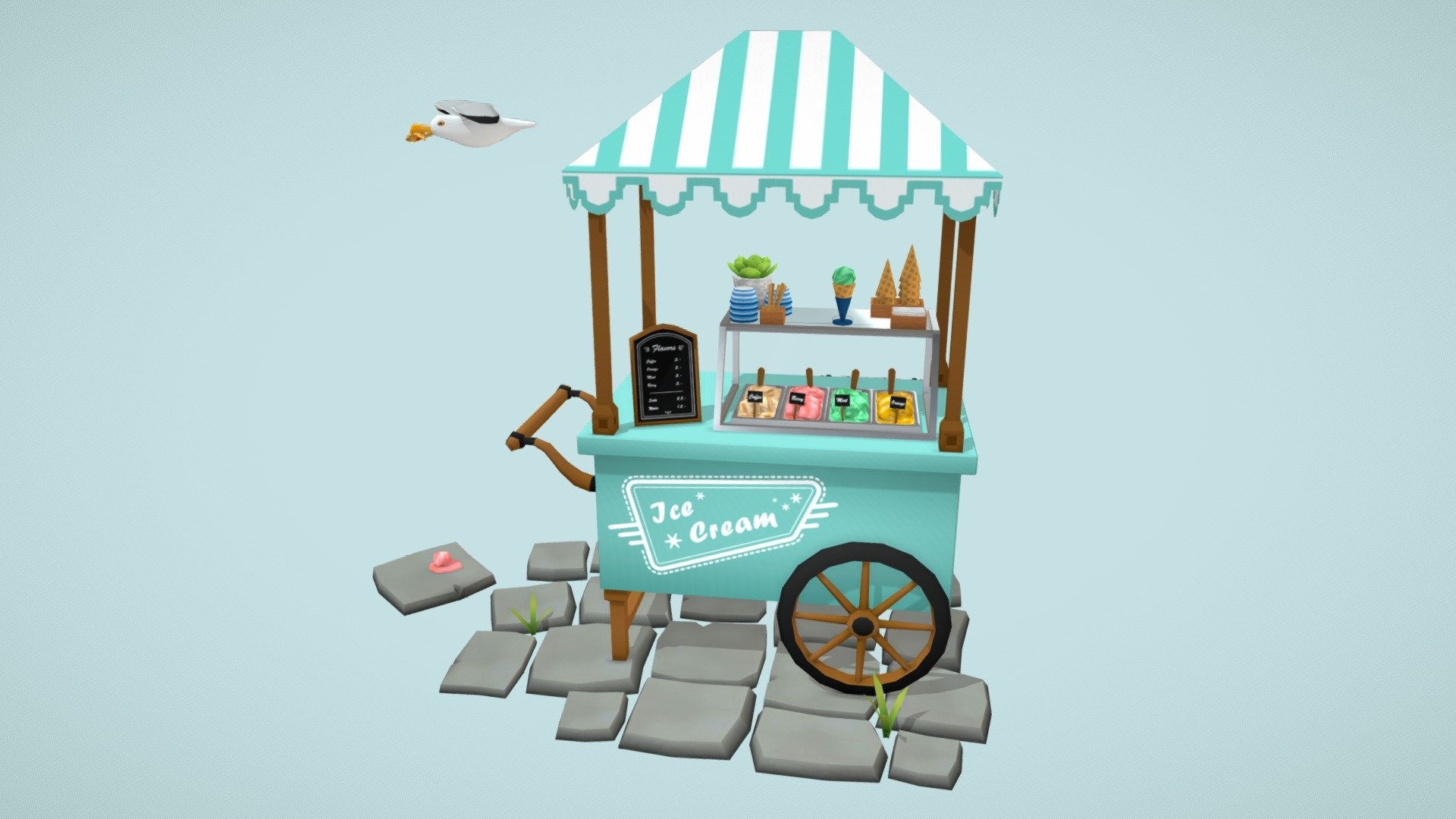 The infamous thief C. McGull strikes again!

I began this project with a simple ice cream cart, but then I felt like it could use a little more story :)

Software used:

-Blender
-Affinity Designer - Ice Cream Cart - 3D model by Elizabet Halatyan (@ElizabetHalatyan) 3d model