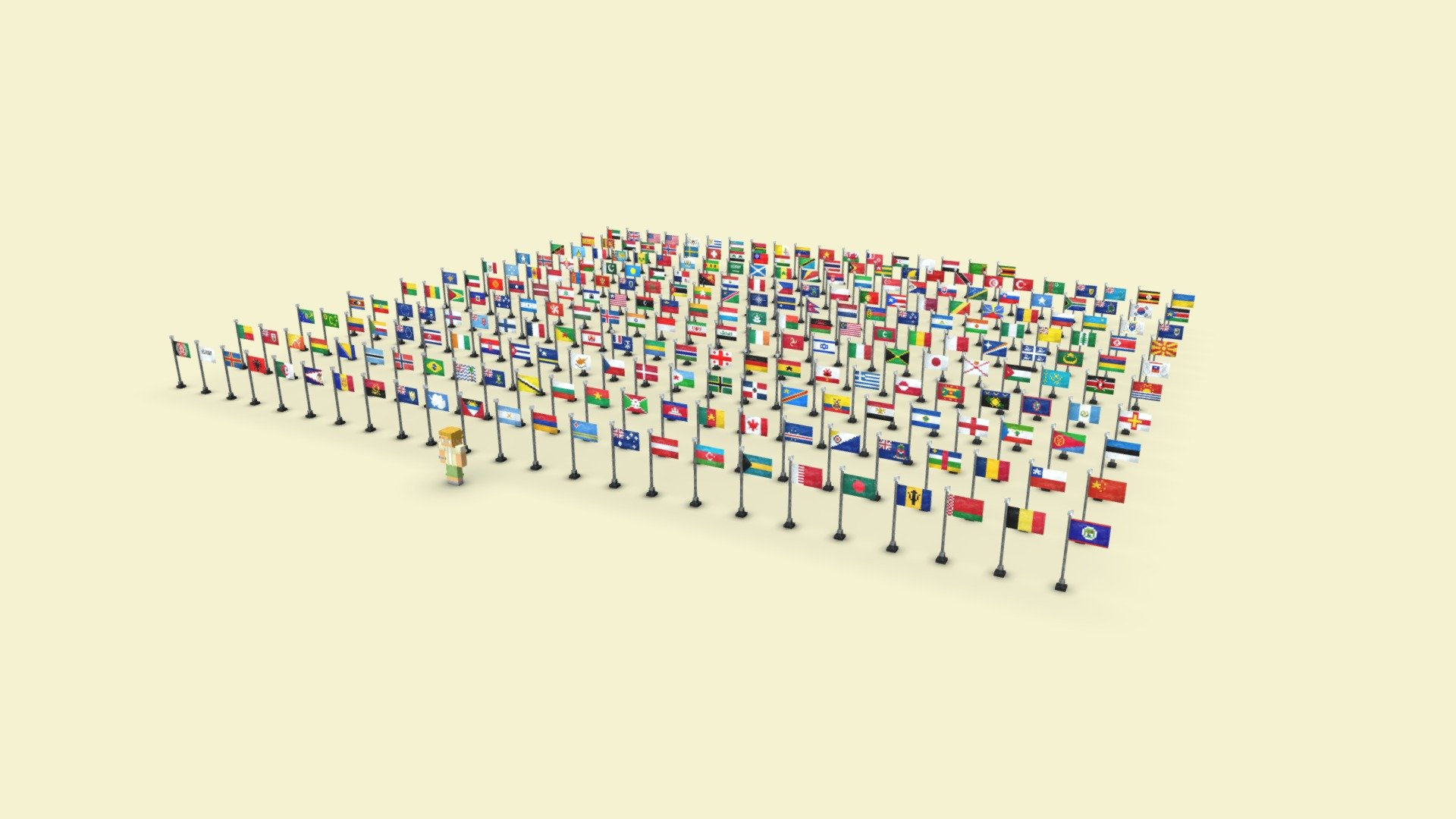 This is a collection of 258 flag models: all 254 recognized flags, NATO, European Union, Afganistan Variation, and a White flag.

These textures are not the native textures, I had to stitch them together to import into Sketchfab - they only allow 100 materials 3d model