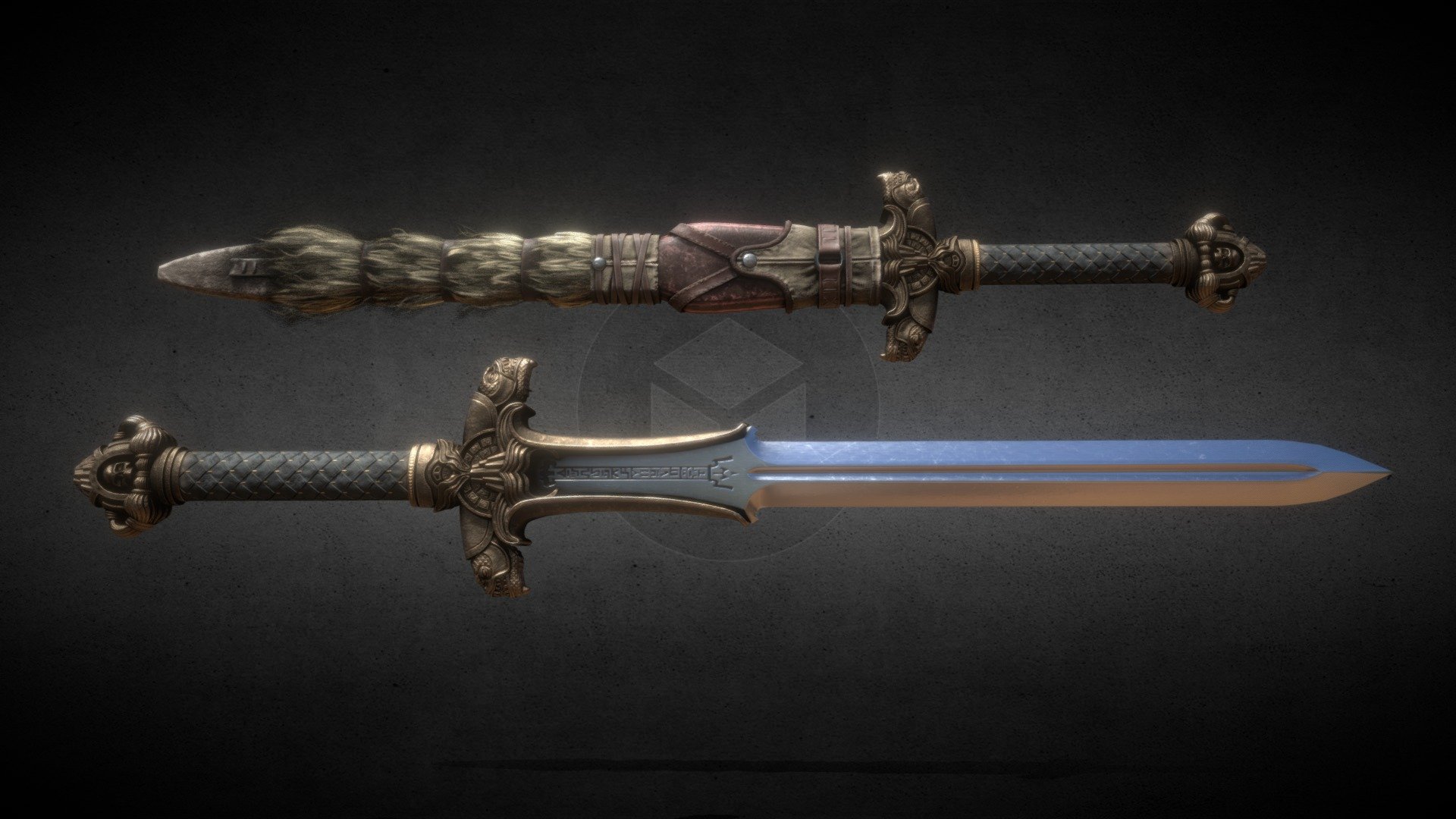 Conan's Atlantean Sword.

Game-Ready for Unreal Engine.

In this model there is two different workflow version:  UDIM version and UV versions both.

*UV version:  3 materials _sword_sheath_fur 

*UDIM version: There are three UDIM tiles: Sword(4k) - Sheath(4k) - Fur(2k)    .1001  .1002  .1003

4K Metallic Based PBR Workflow 16-Bit PNG Tex Maps : Base Color/Roughness/Metallic/Ao/Specular f0/Normal/Opacity

Model is sculpted and retopologized in Blender and Z-brush
Texture Maps are baked and painted in Substance Painter/Blender and Photoshop

SHEATH-FUR : 4767 Vertex / 3292 Polys
SWORD: 12336 Vertex / 11356 Polys

Scaled as real world (cm)  Sword: 143 cm

No subdivisons

File format: Alembic (.abc)     (I will upload  /.blend / .fbx / .obj / .dae /  when needed.)

Shapekey baked animation 3d model