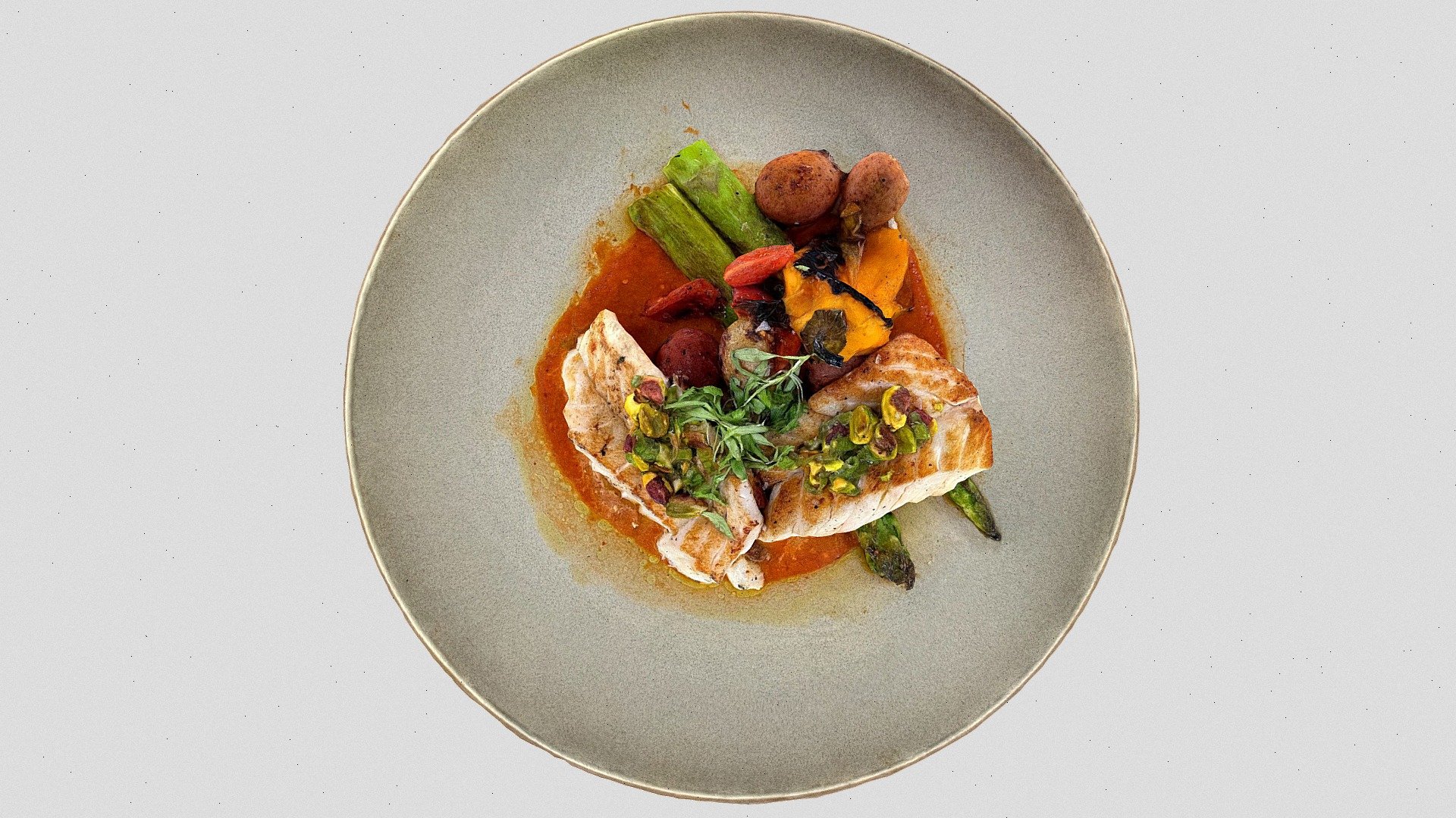 Roasted 6 oz Ling Cod | Mole Amarillo | Asparagus | Roasted Peppers &amp; Potatoes | Micro Cilantro | Pistacio Salsa - Fish Option For Alstad Anniversary Party - Buy Royalty Free 3D model by Augmented Reality Marketing Solutions LLC (@AugRealMarketing) 3d model