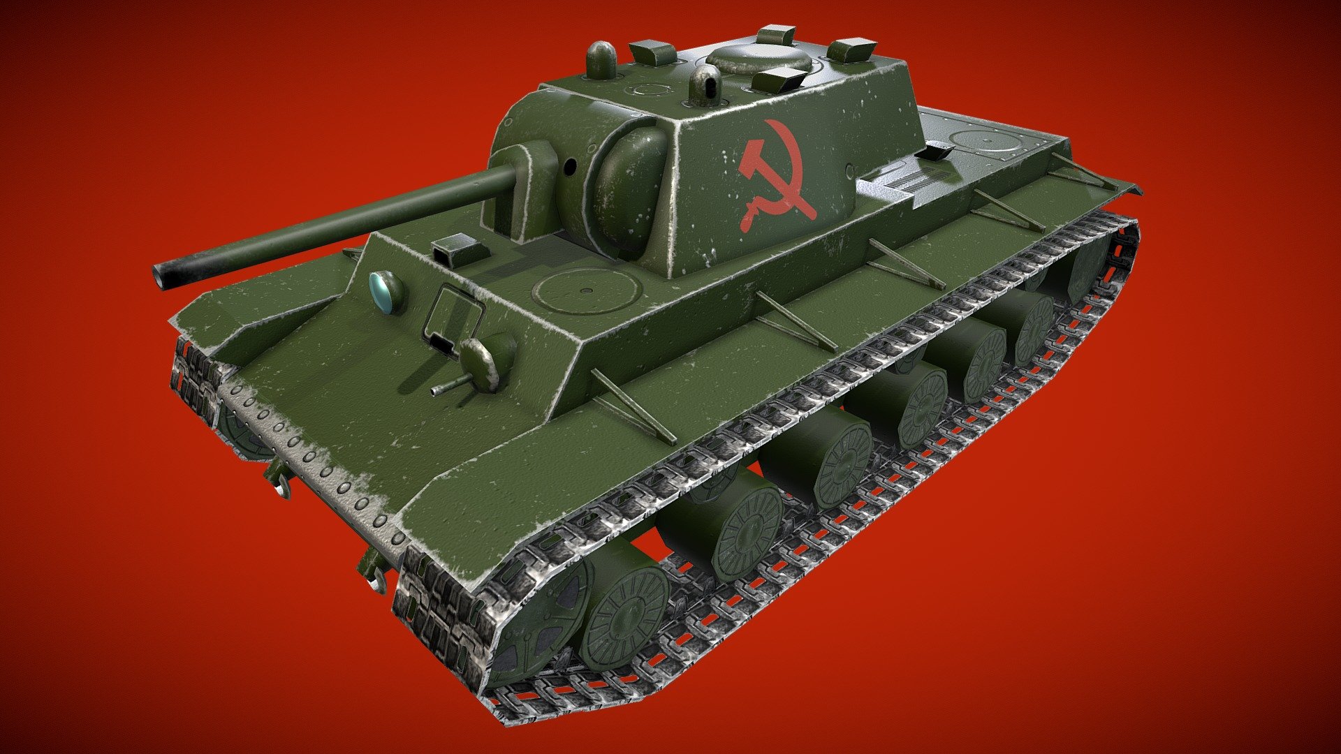 This 3D model is ready for use in your game, the tank can drive, rotate its tower and move cannon. The model has real proportions and is based on real draft. Original sounds are also included.  The model has separated turret, gun mount, tracks and wheels. Tracks and wheels are animated by scrollable texture. Video: https://rutube.ru/video/aa7e0259eba17356ad08308dff31c60b/ The texture without inscription and demo scene are included.
2456 Tris
2048x2048 Textures
1024x1024 Tower
1024x1024 Wheels
512x512 Cannon - KV-1 - 3D model by Karabas Studio (@Alexei777) 3d model