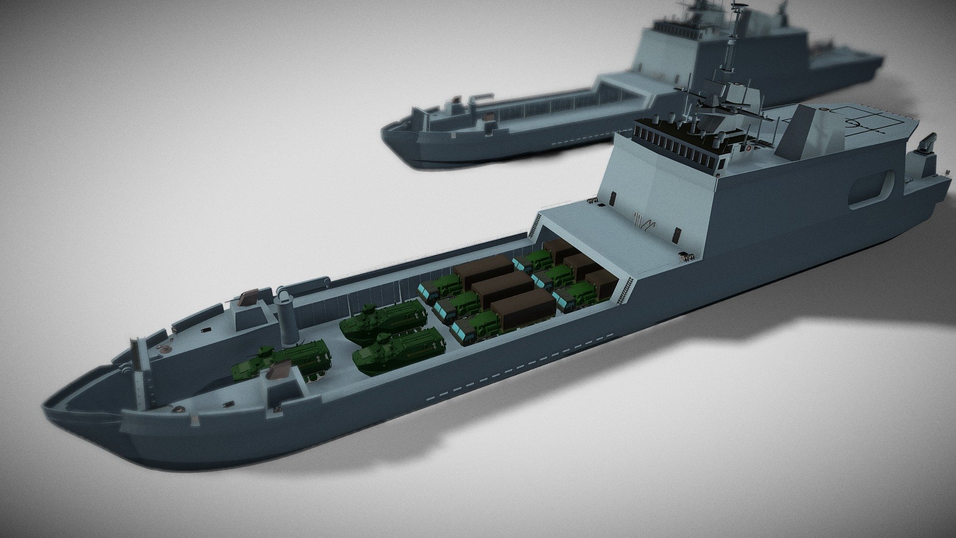 The Light Amphibious Assault Warship (LAAWS), also known as the Guadalcanal Class, is the primary ship-to-shore connector for the US Navy. Its purpose is to transport US Marines and their equipment to islands alongside larger helicopter assault ships and landing docks.

There are two variants of the LAAWS: Block I and Block II, measuring 160m and 190m in length, respectively. Block I can accommodate 100 Marines and their equipment for up to 6 weeks at sea. Block II features a hangar for launching and recovering helicopters, UAVs, and USVs. It is also equipped with double the number of Vertical Launch System (VLS) cells.

The LAAWS is heavily armed, with 32 or 64 Mk41 VLS cells, 2x 57mm cannons, 12x mounts for M2 heavy machine guns, one or two SeaRAM CIWS systems, and 4x Harpoon anti-shipping missiles. Designed to blend in with commercial ships, the LAAWS operates in littoral waters, striking targets on both land and sea.

Learn more at https://killcapturedestroy.com/ - Light Amphibious Assault Warship v2 - 3D model by KillCaptureDestroy (@jloiacono82) 3d model