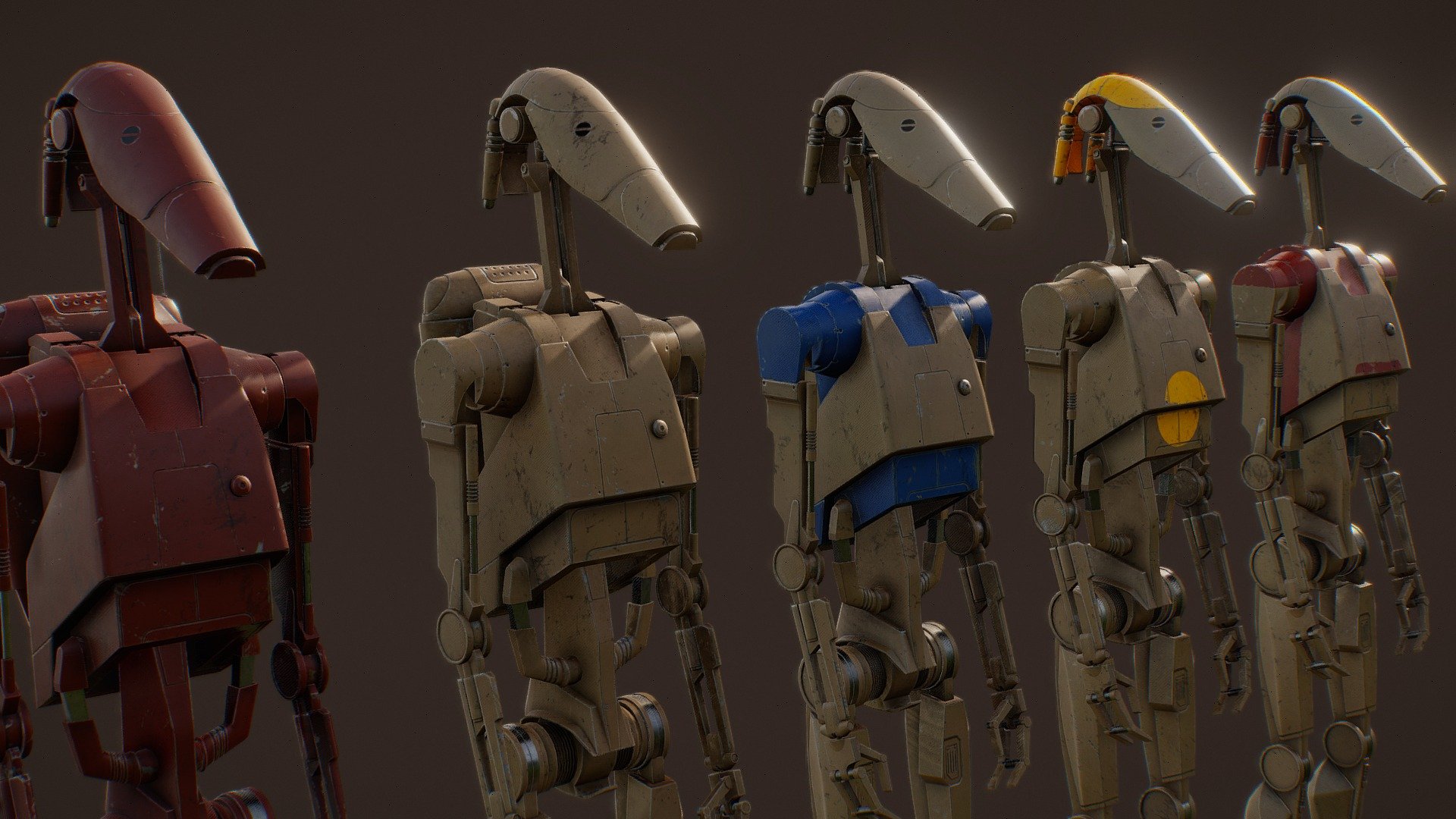 This droid comes with 2 modes: full with back pack and naked back, 5 color schemes.

The pack includes:





3ds max scene (retro compatibility up to 2020)




Basic CAT Rig 




FBX models + Bonus model: Blaster




4K/2K textures












 - Star Wars Droid - Low poly - Buy Royalty Free 3D model by 1k0 3d model