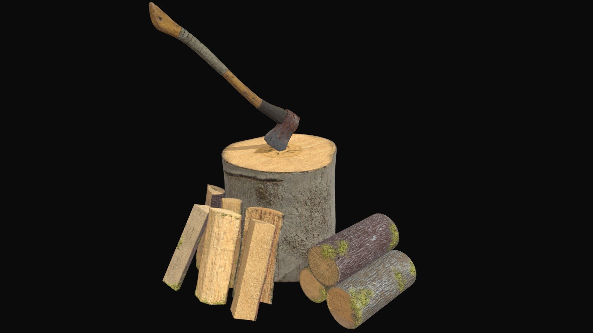 This is a rusty axe, with cut woods log that is a long time without use, that why there condition. 
This asset is a individual pice to compose an outside environment that I’m creating. The resolution of the texture that I create are 4k but because of file size, this model has a lower resolution of textures 3d model