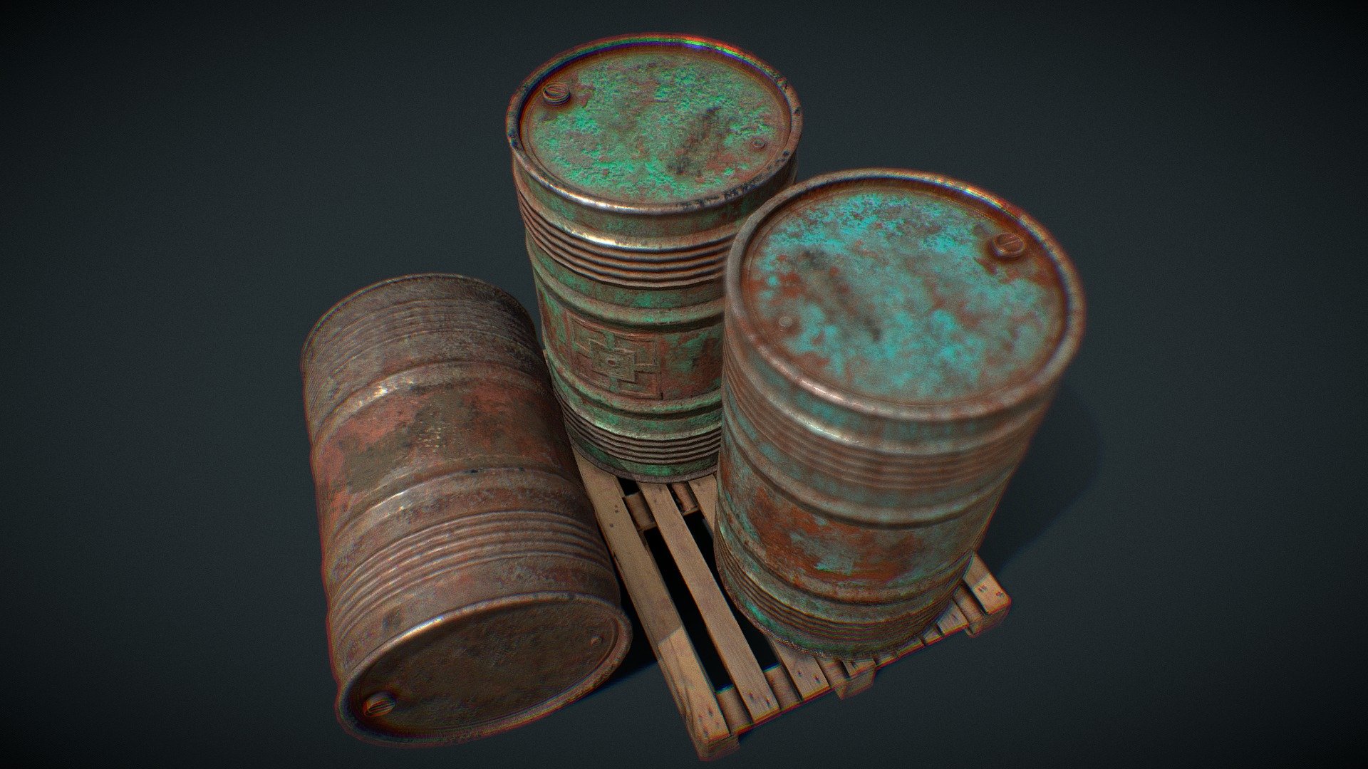 200 Liters / 55 Gallon Drums  sitting on a euro pallet . Game ready enviromental asset .Low Poly , PBR Materials 3d model