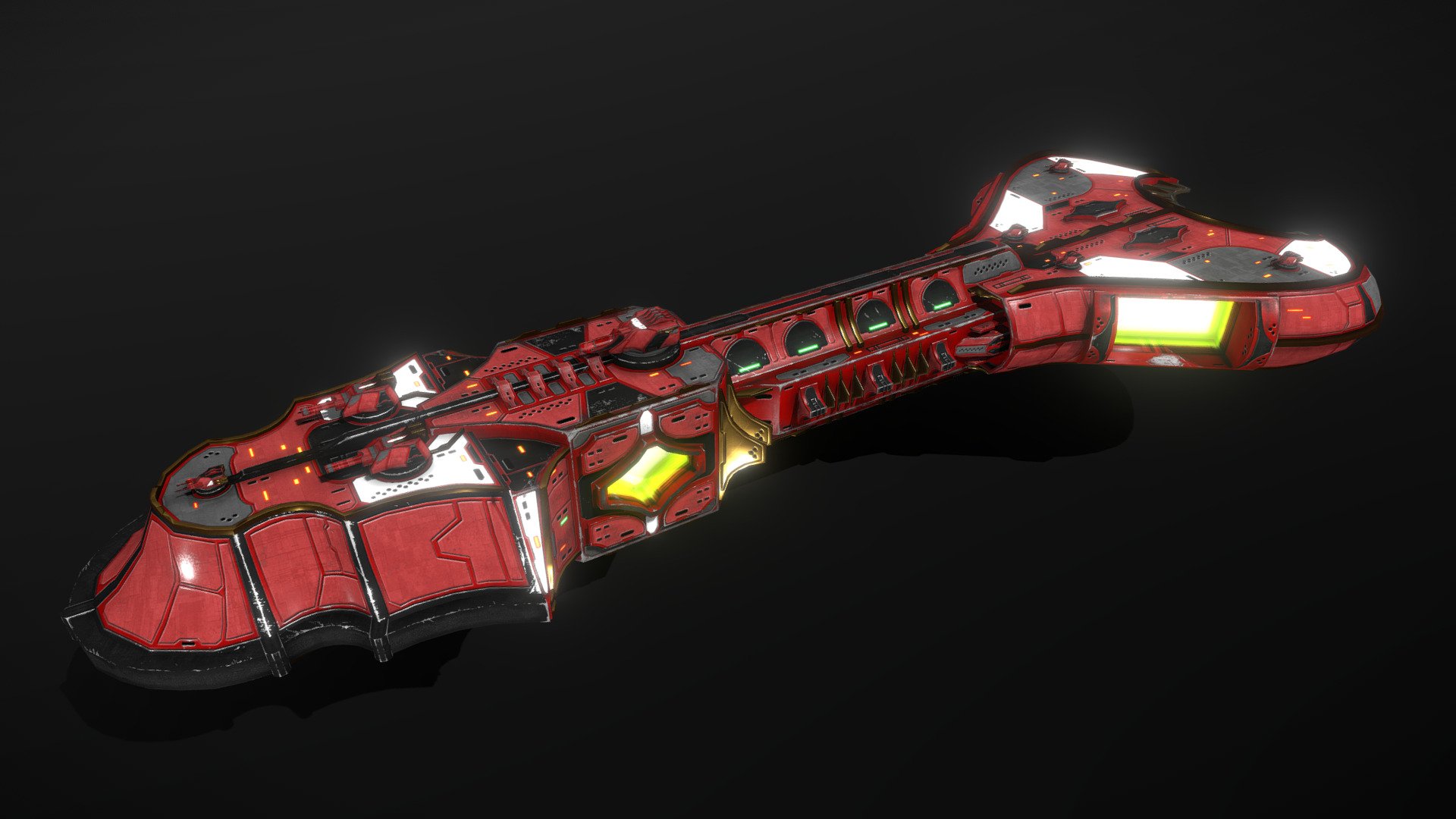 This is a model of a low-poly and game-ready scifi spaceship / space structure model. 

The weapons are separate meshes and can be animated with a keyframe animation tool. The weapon loadout can be changed too. 

The model comes with several differently colored texture sets. The PSD file with intact layers is included.

If you have purchased this model please make sure to download the “additional file”.  It contains FBX and OBJ meshes, full resolution textures and the source PSDs with intact layers. The meshes are separate and can be animated (e.g. firing animations for gun barrels, rotating turrets, etc) 3d model