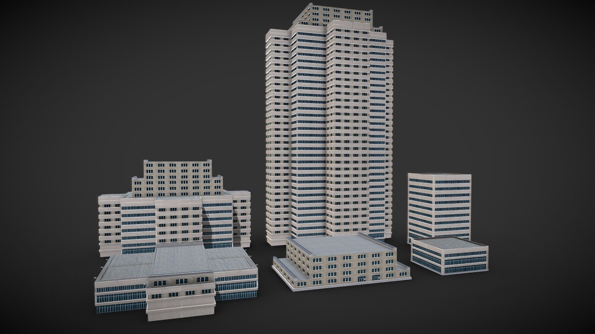 This is a set of 6 models in the same style, sharing the same materials and textures.

It comes with 2 diffuse textures – day and night, with specular alpha channel and normal bump texture.

Textures are 1024×10424 in size




Small Building: 958 tris

Middle building: 3742 tris

High Building: 15066 tris
 - Modern Buildings - Buy Royalty Free 3D model by Realtime (@gipapatank) 3d model